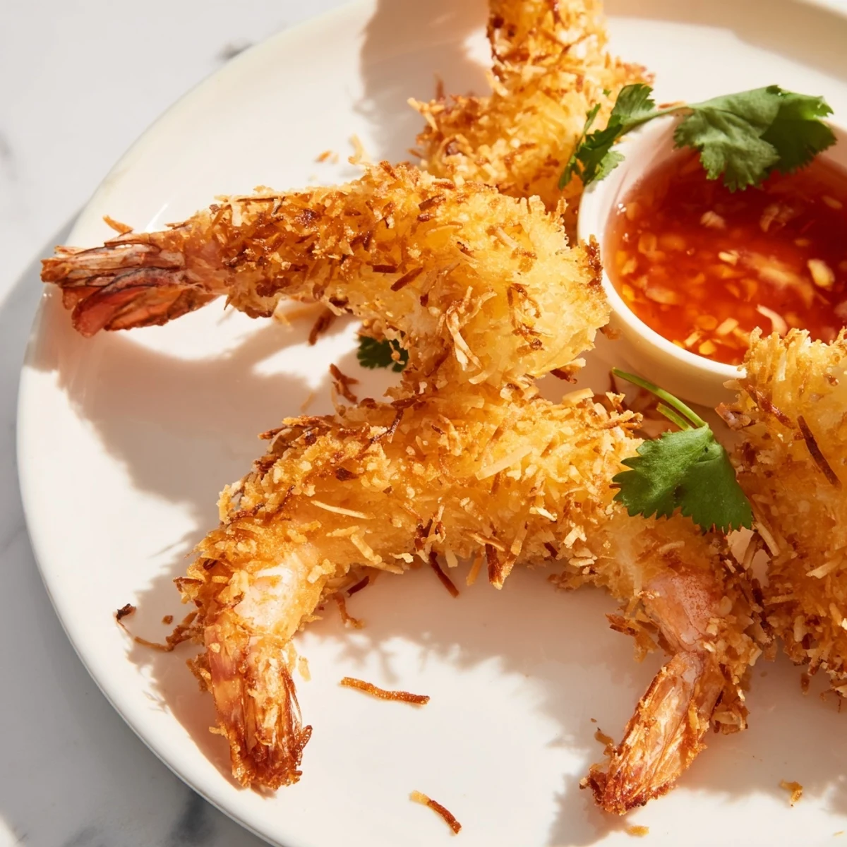 A plate of Crispy Coconut Shrimp with sweet chili sauce, ideal for a party appetizer with a cold beer or Riesling.