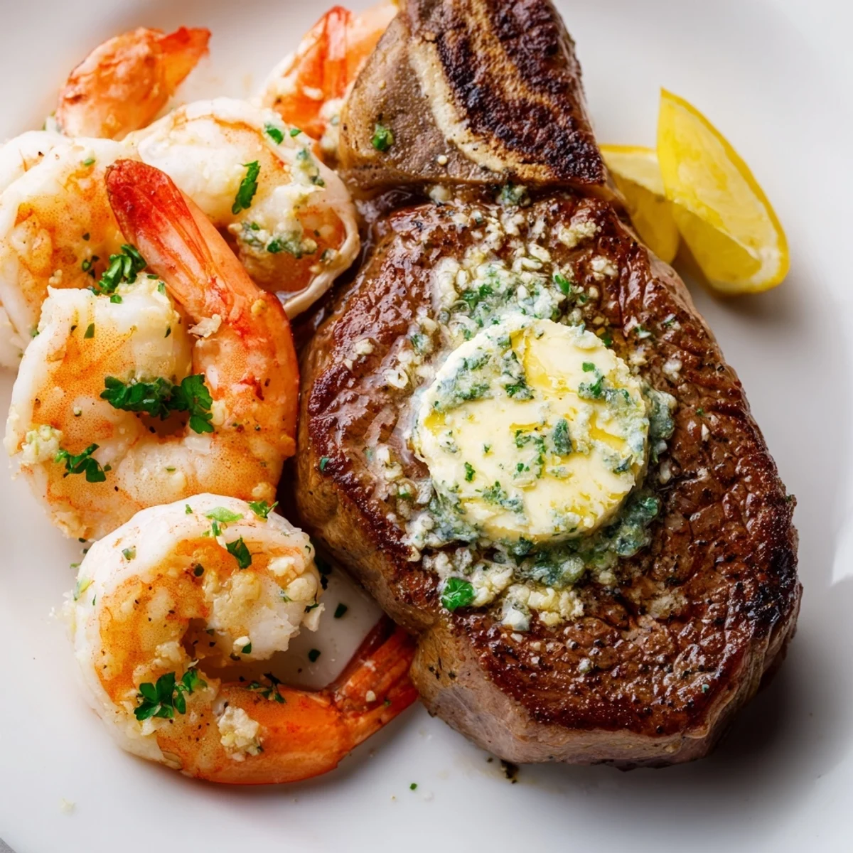 Close-up view of a Surf and Turf Steak and Shrimp Dinner featuring juicy steak slices beside pink shrimp on a rustic plate with lemon wedges.