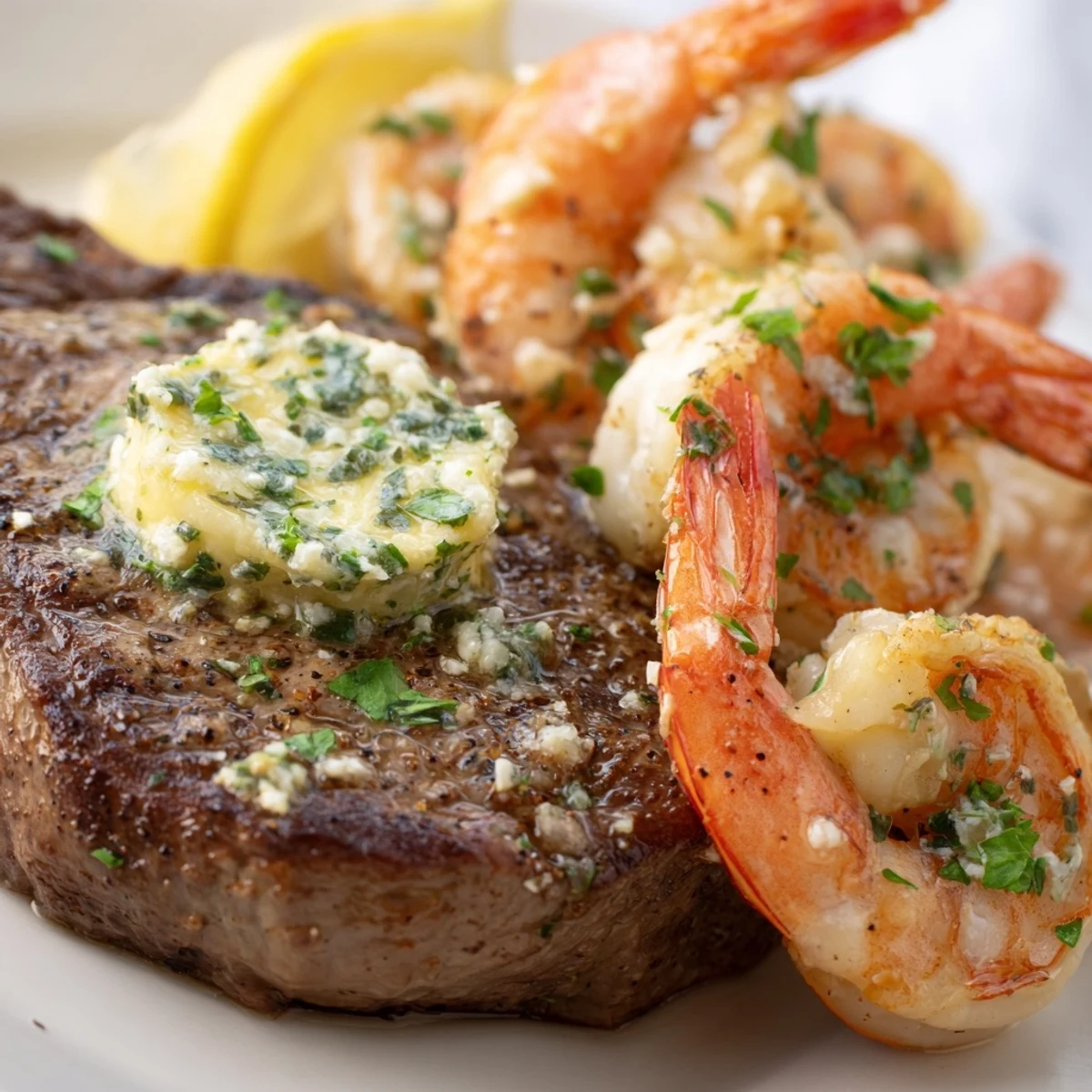 Ready to serve Surf and Turf Steak and Shrimp Dinner, showcasing golden-brown steak and tender shrimp paired with melted garlic herb butter for a special occasion.