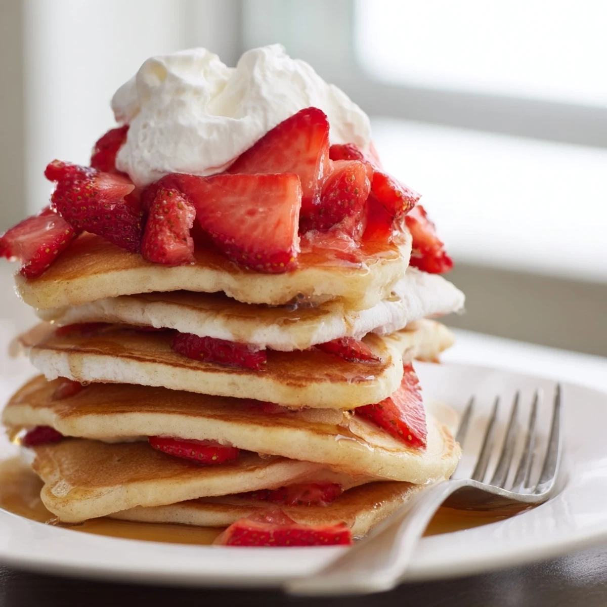 Fluffy heart-shaped Valentine Breakfast Pancakes topped with sweet, juicy strawberries and a dollop of whipped cream for a romantic morning.