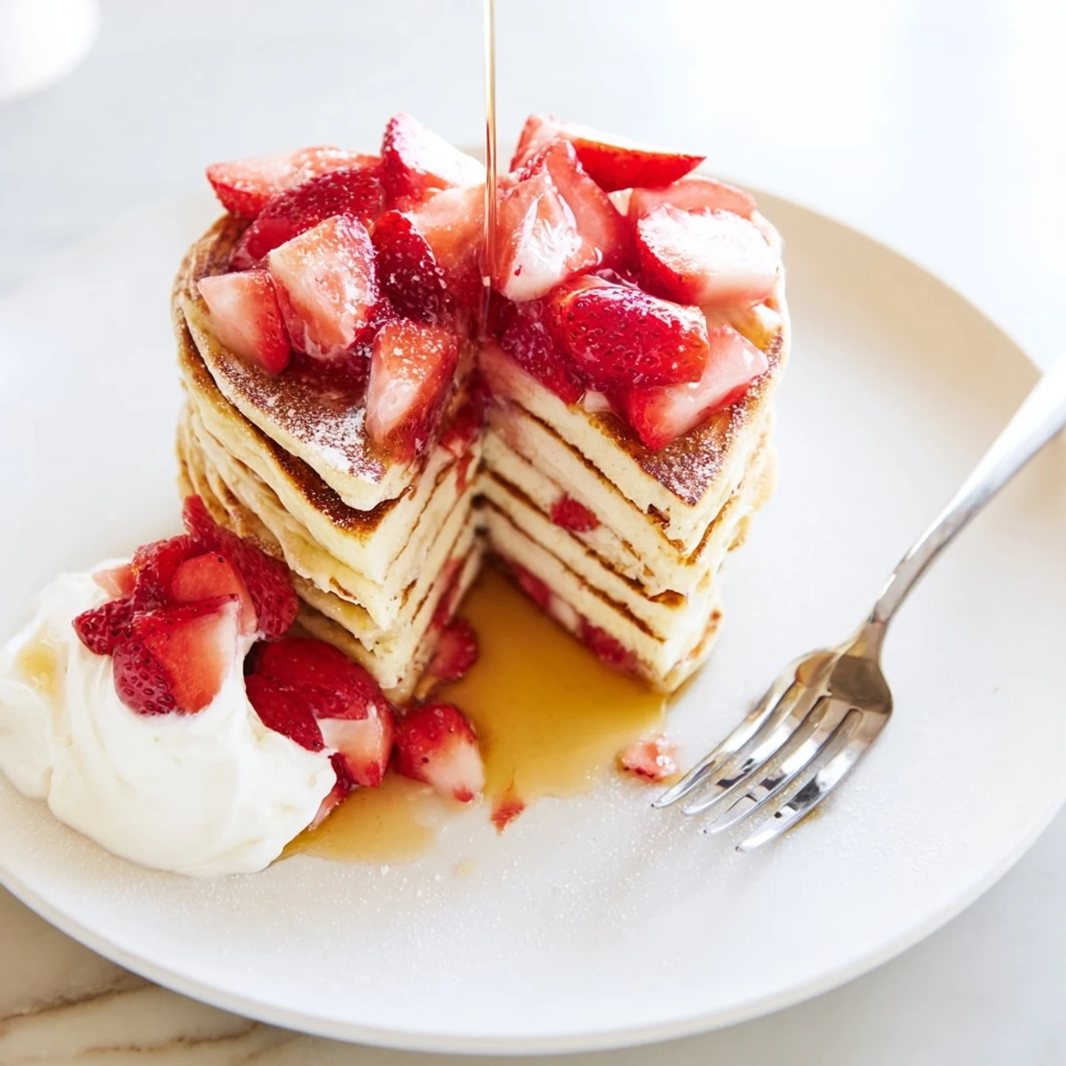 Warm Valentine Breakfast Pancakes served on a white plate, featuring macerated strawberries and a light dusting of powdered sugar.