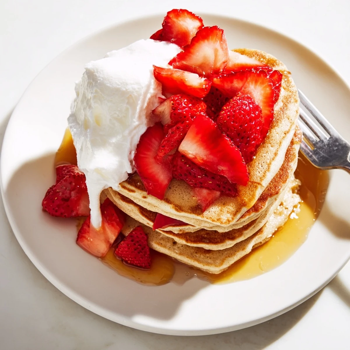 Golden-brown Valentine Breakfast Pancakes arranged in a heart shape, drizzled with maple syrup and garnished with fresh strawberry slices.