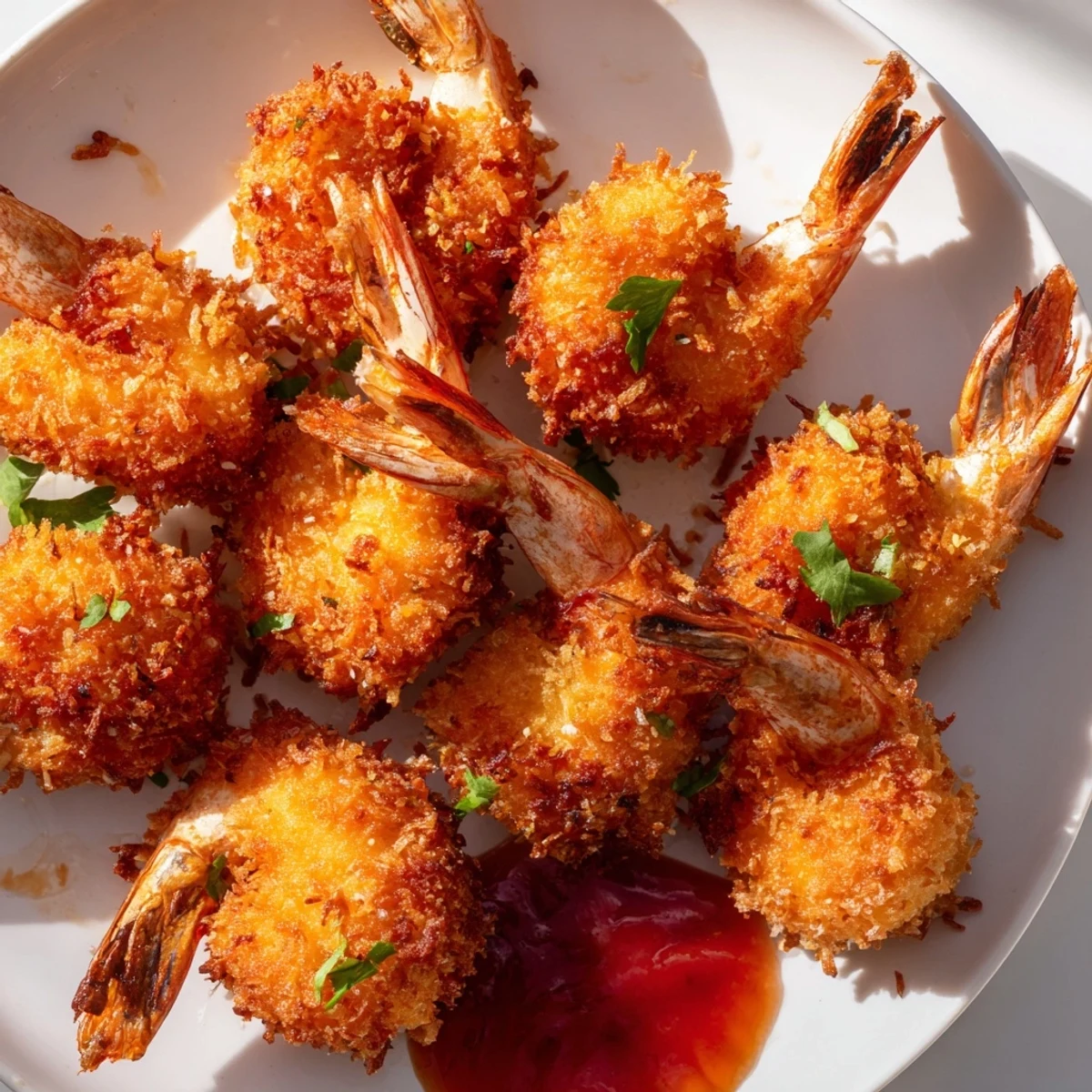 A serving suggestion of Crispy Coconut Shrimp arranged on a tropical plate with lime wedges and a side of sweet chili sauce.