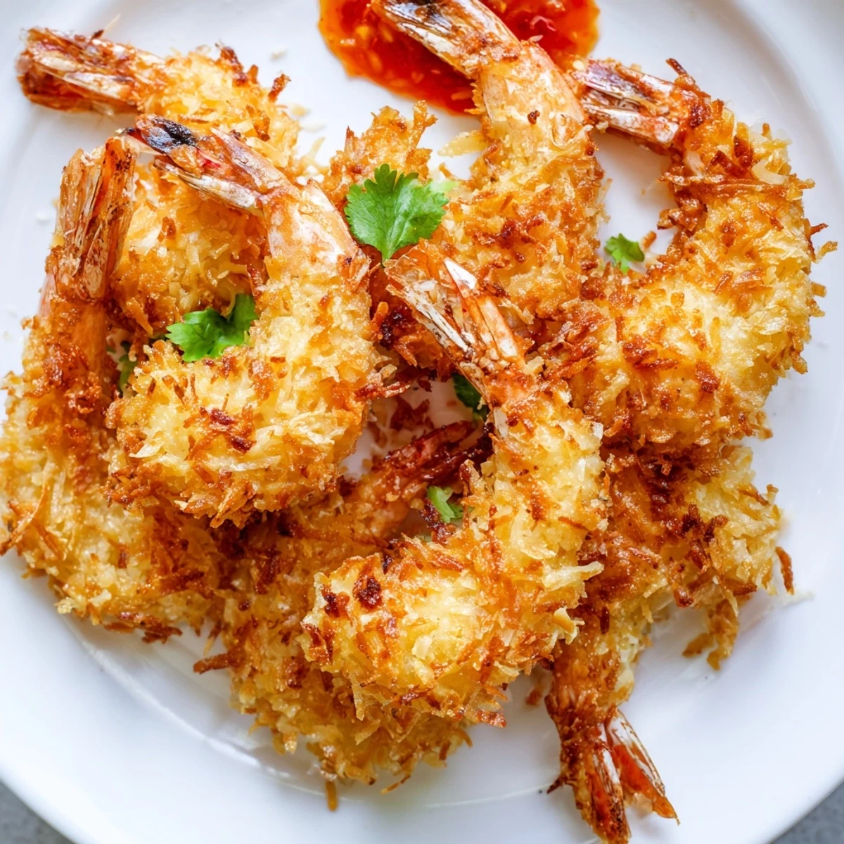 A close-up of Crispy Coconut Shrimp showing the crunchy coconut breading next to a vibrant dip, garnished with fresh cilantro.
