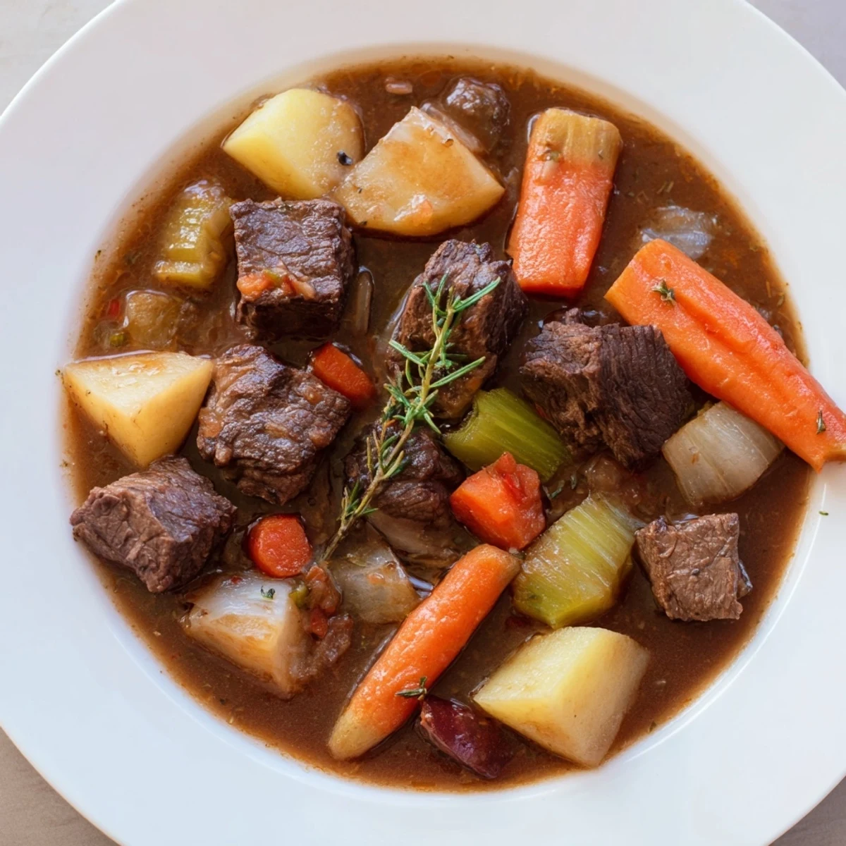 Close up on Savory Beef Stew with Root Vegetables showcasing soft potatoes and parsnips in a thick, savory gravy.