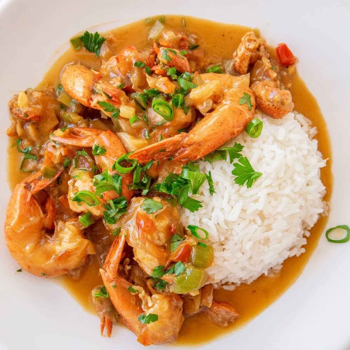 Golden-brown crawfish étouffée simmering in a rich, spicy roux sauce, served over fluffy white rice in a rustic bowl.