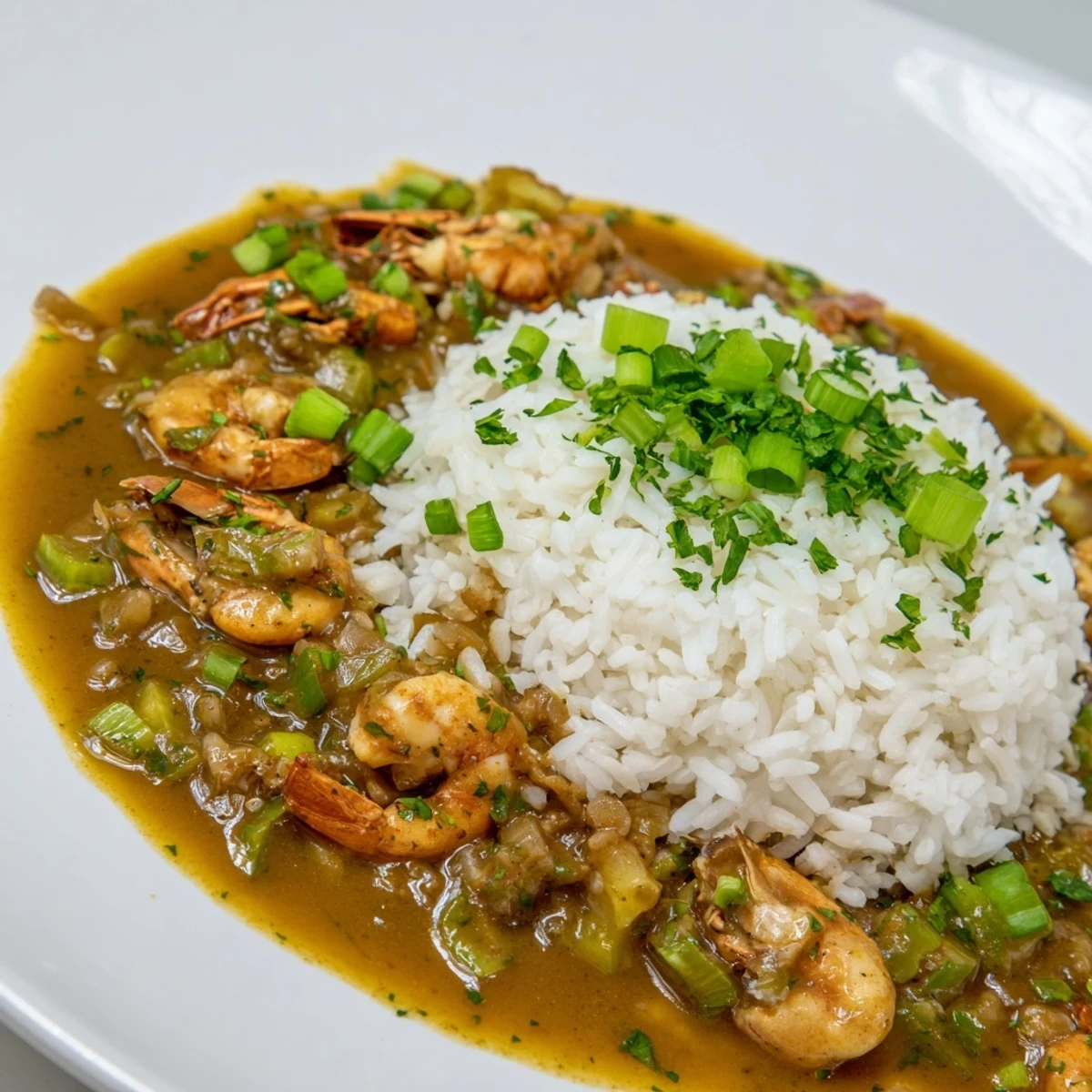 Spoonful of Louisiana crawfish étouffée with bell peppers and green onions, steaming next to a mound of white rice.