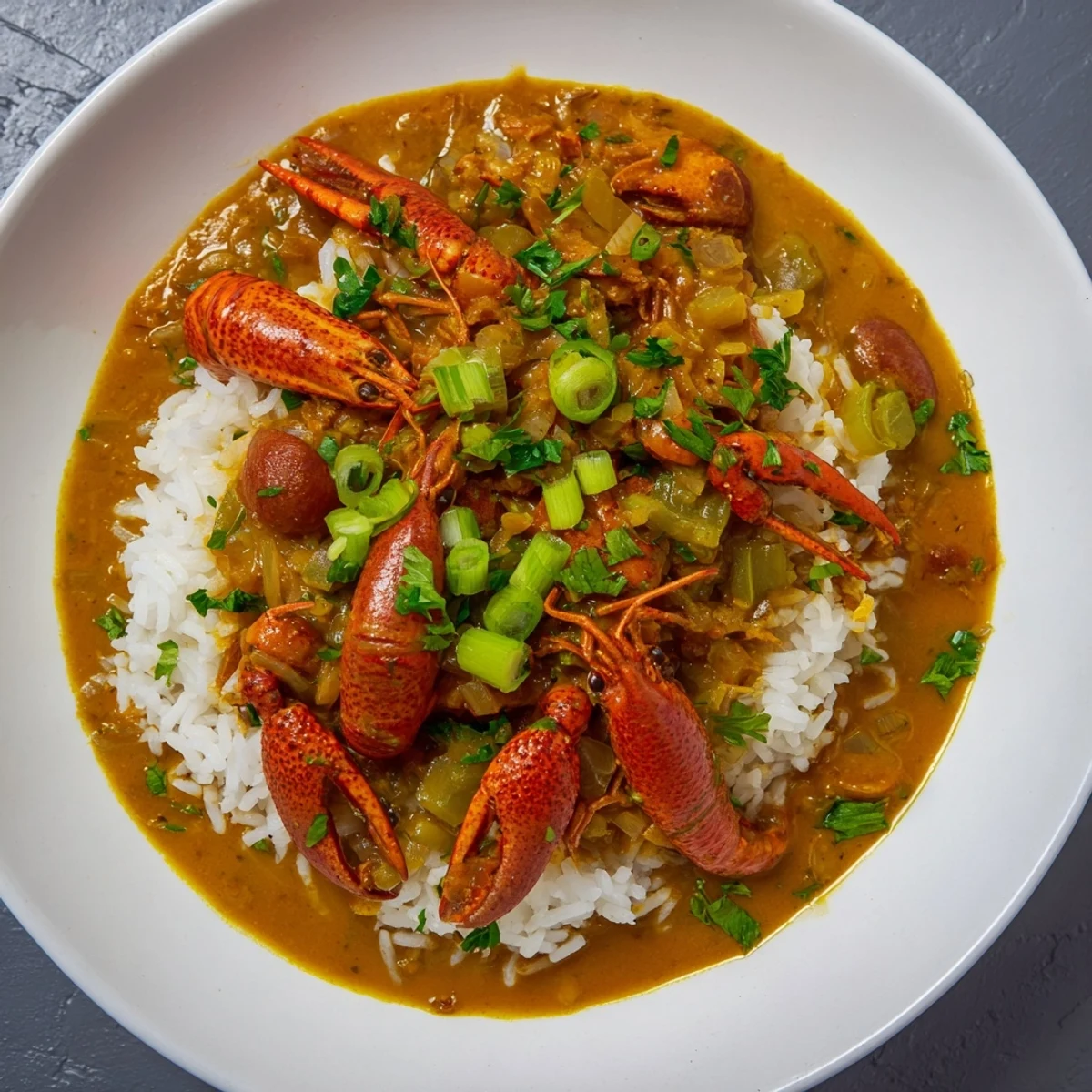 Close-up of creamy crawfish étouffée garnished with fresh parsley, ready to be enjoyed over a bed of steamed rice.