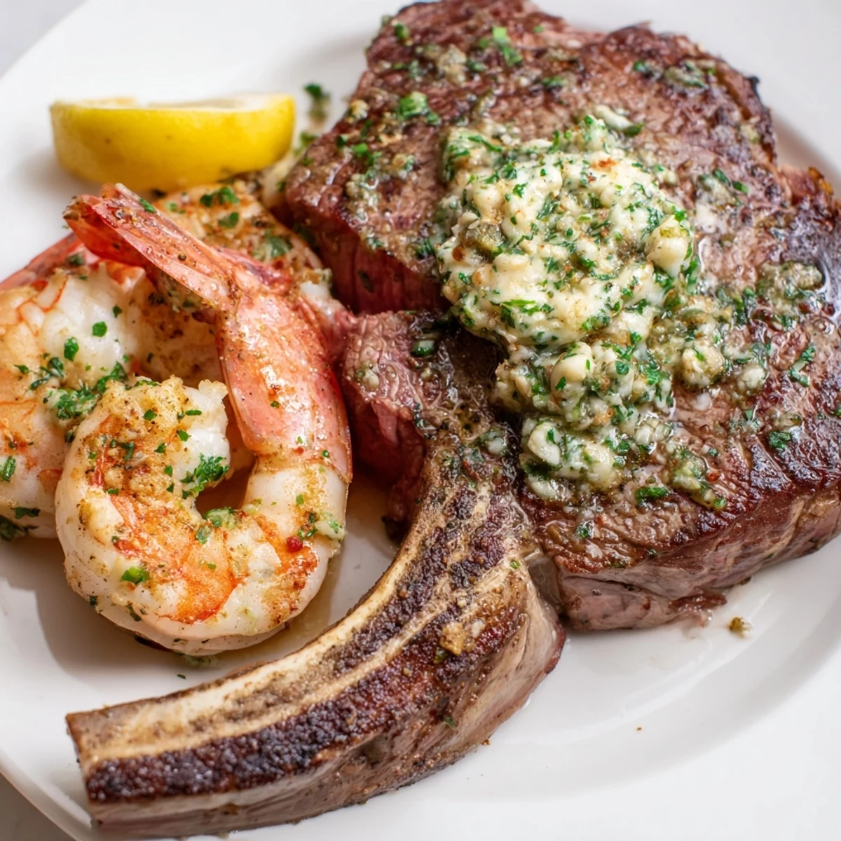 Perfectly seared ribeye steak and pink, juicy shrimp are topped with melting garlic herb butter, plated alongside crispy roasted potatoes and bright asparagus.