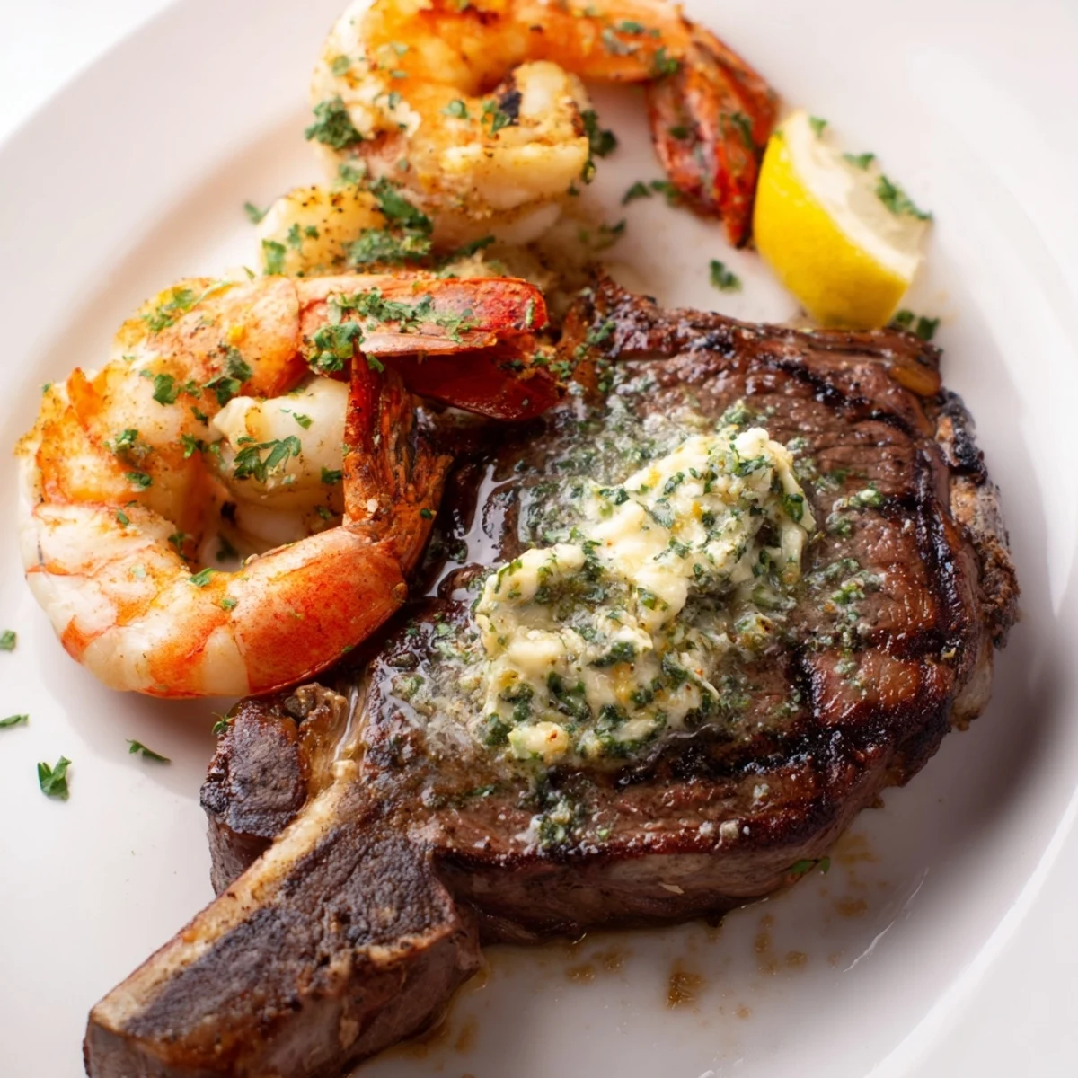 This classic surf and turf dinner features sizzling steak and shrimp, finished with a zesty lemon garlic butter glaze on an elegant white plate.