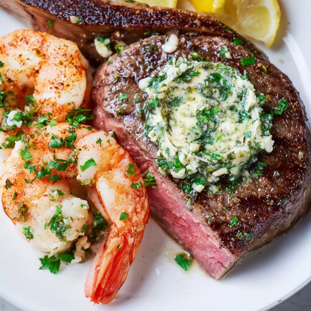Two tender ribeye steaks and succulent shrimp wait under a rich garlic herb butter garnish, with fresh parsley and lemon wedges on the side.