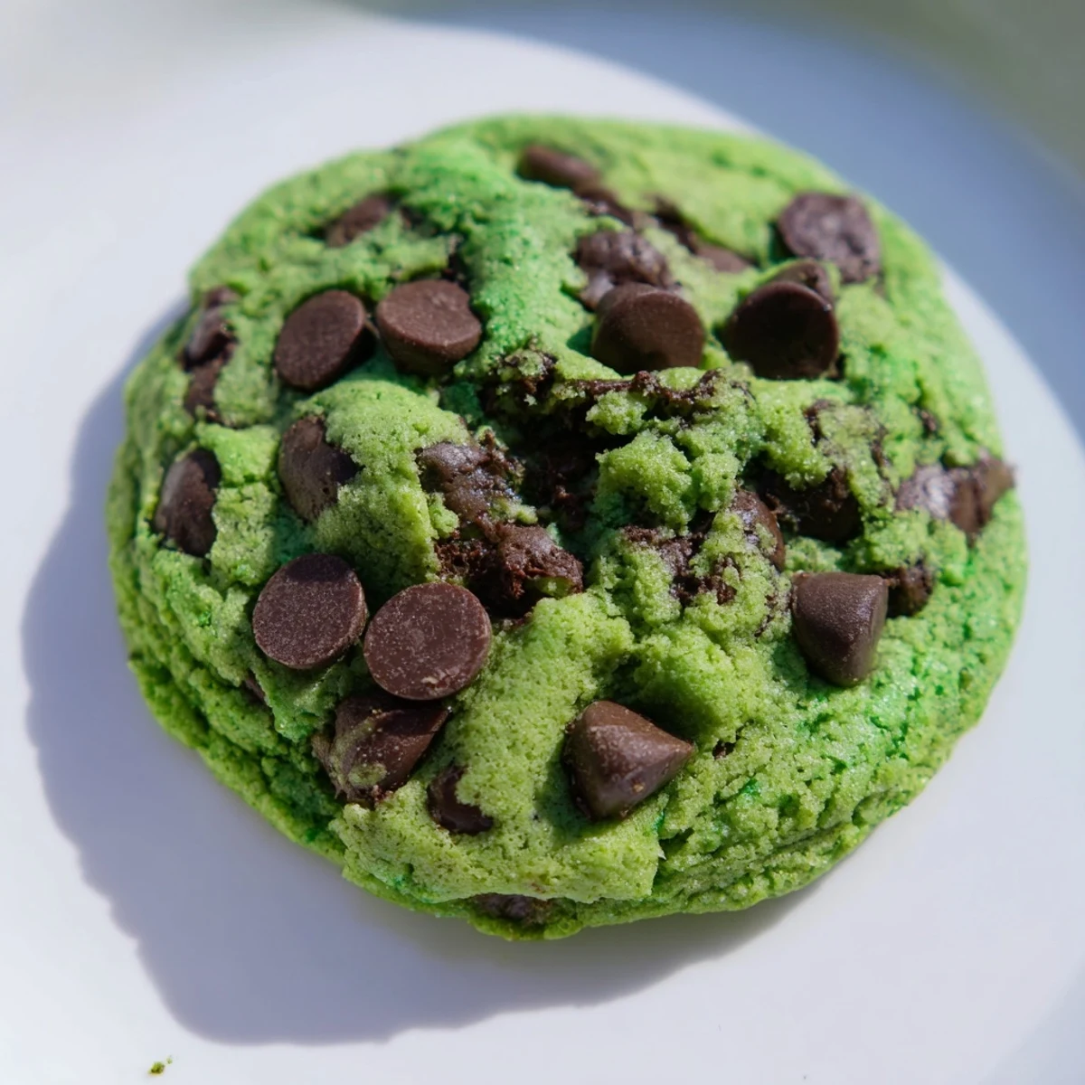 Freshly baked Mint Chocolate Chip Cookies with green dough and melty semi-sweet chocolate chips are cooling on a wire rack.