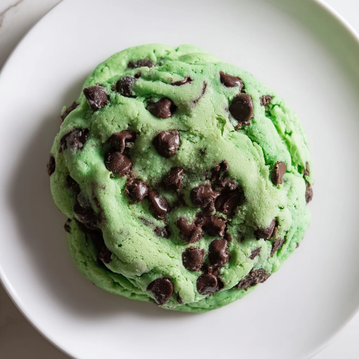 Golden-edged Mint Chocolate Chip Cookies rest on parchment paper, featuring a vibrant green hue and rich chocolate chunks.