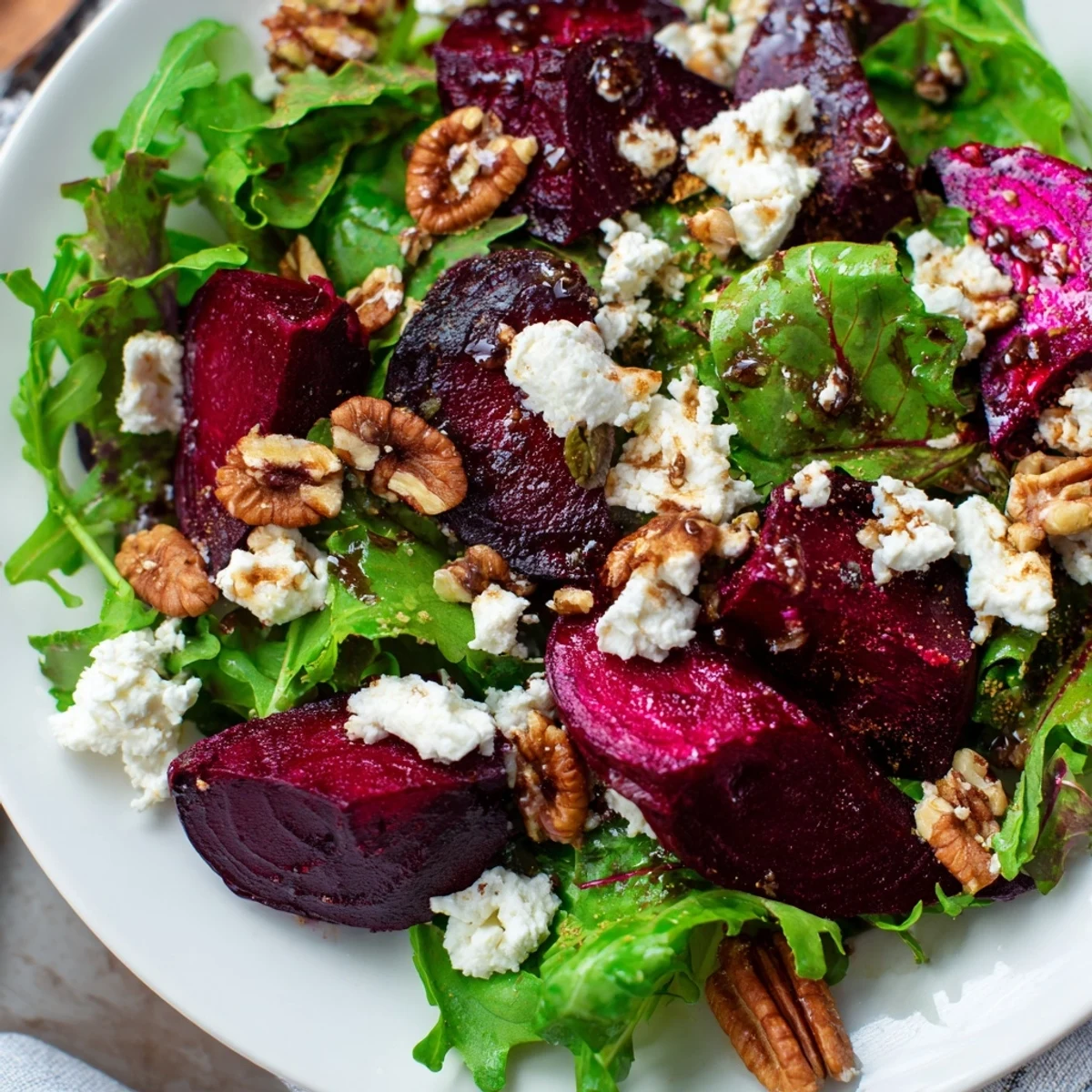 Roasted Beet and Goat Cheese Salad with Pecans plated with balsamic vinaigrette, vibrant beet wedges, and golden pecans for an elegant starter.