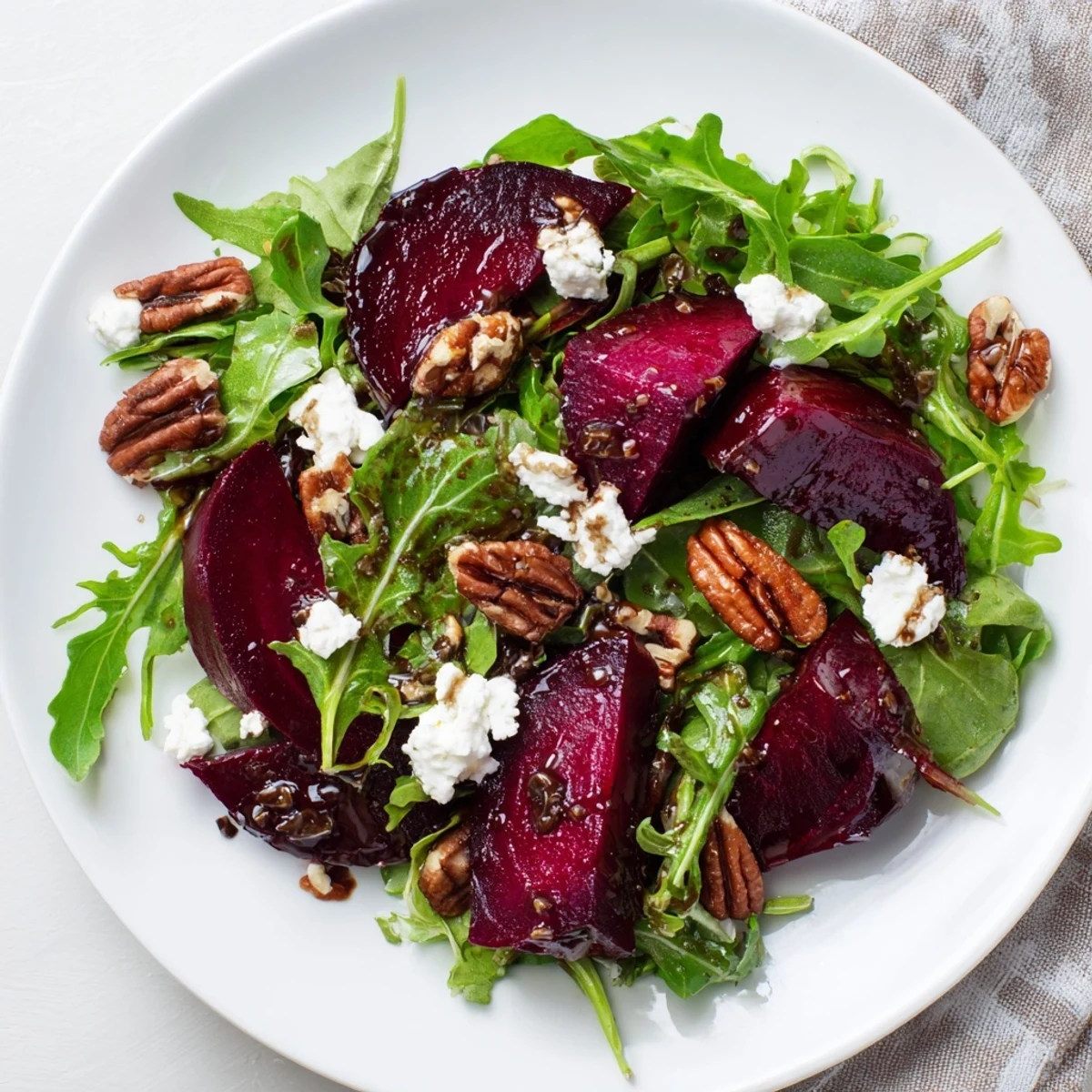 Sliced roasted beets, creamy crumbled goat cheese, and toasted pecans on mixed greens for a Roasted Beet and Goat Cheese Salad with Pecans.
