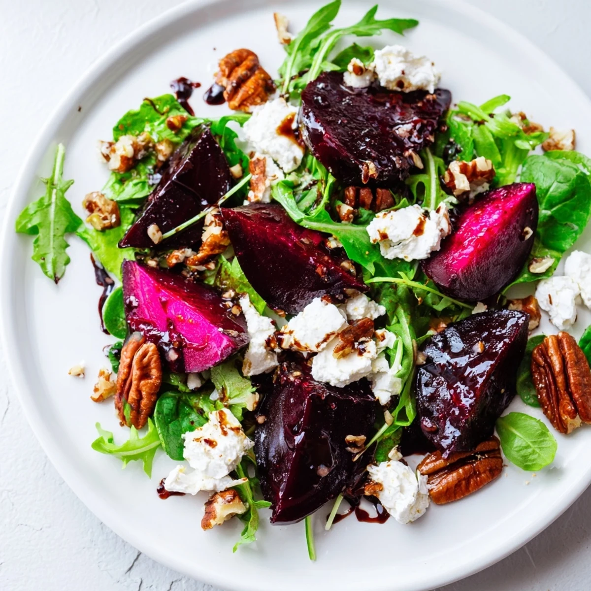 A close-up of Roasted Beet and Goat Cheese Salad with Pecans featuring ruby beets, white goat cheese, and crunchy pecans on fresh greens.