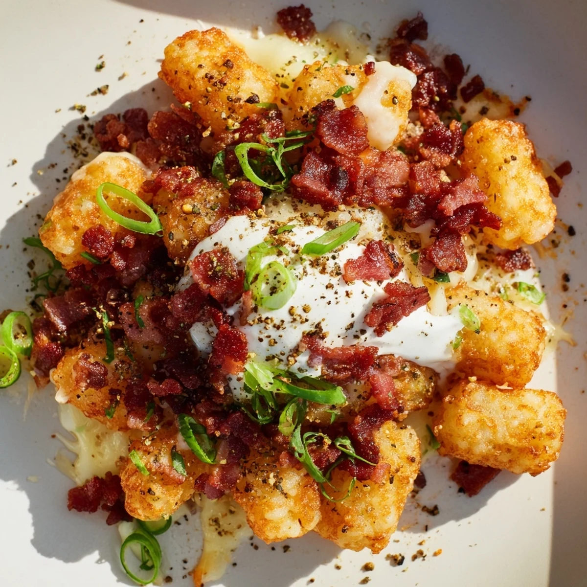 Golden crispy Loaded Tater Tots piled high with melted cheddar and mozzarella, topped with beef bacon bits, green onions, and a dollop of sour cream.
