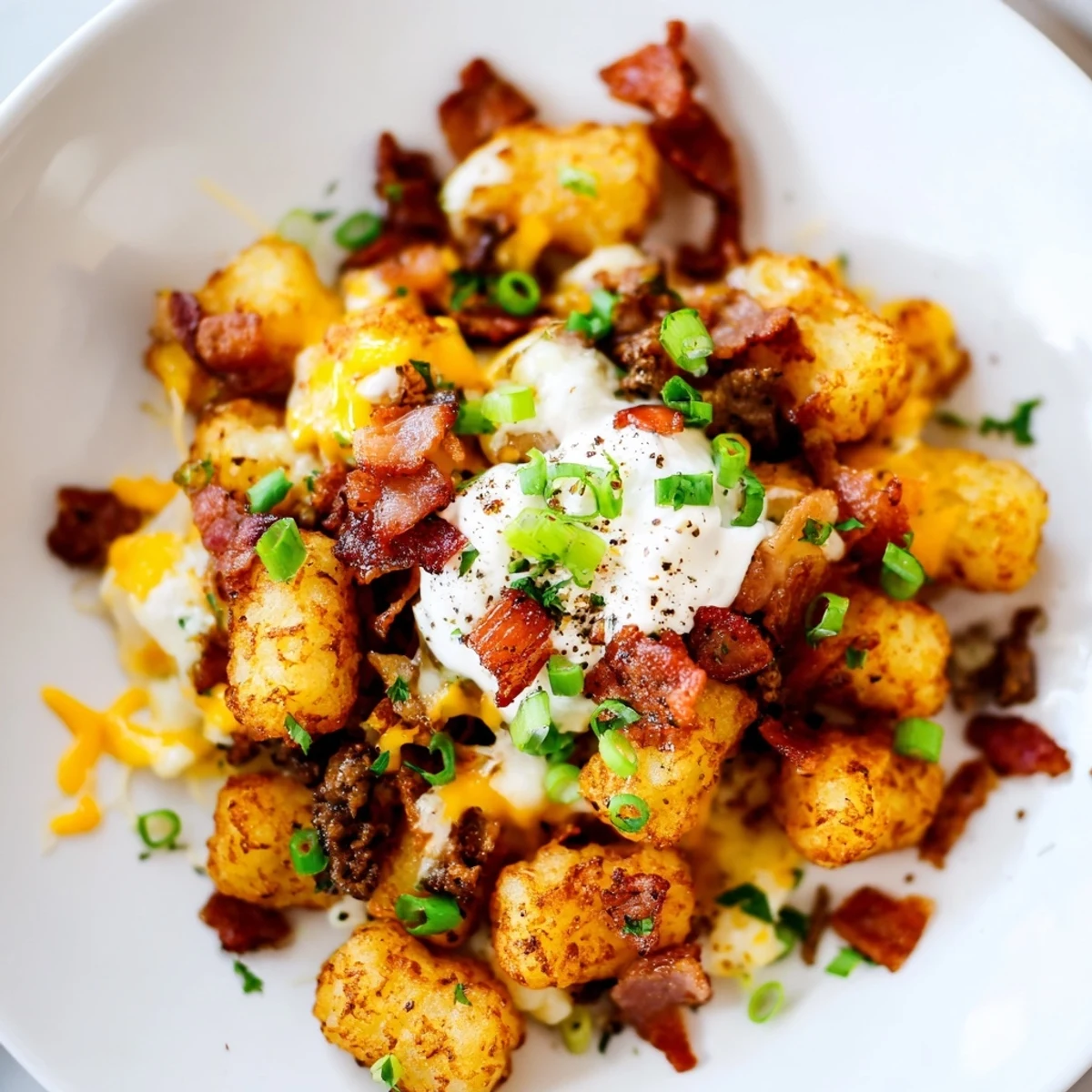 Hot Loaded Tater Tots straight from the oven with bubbly cheese, crispy beef bacon, and fresh scallions, served on a platter for game day.