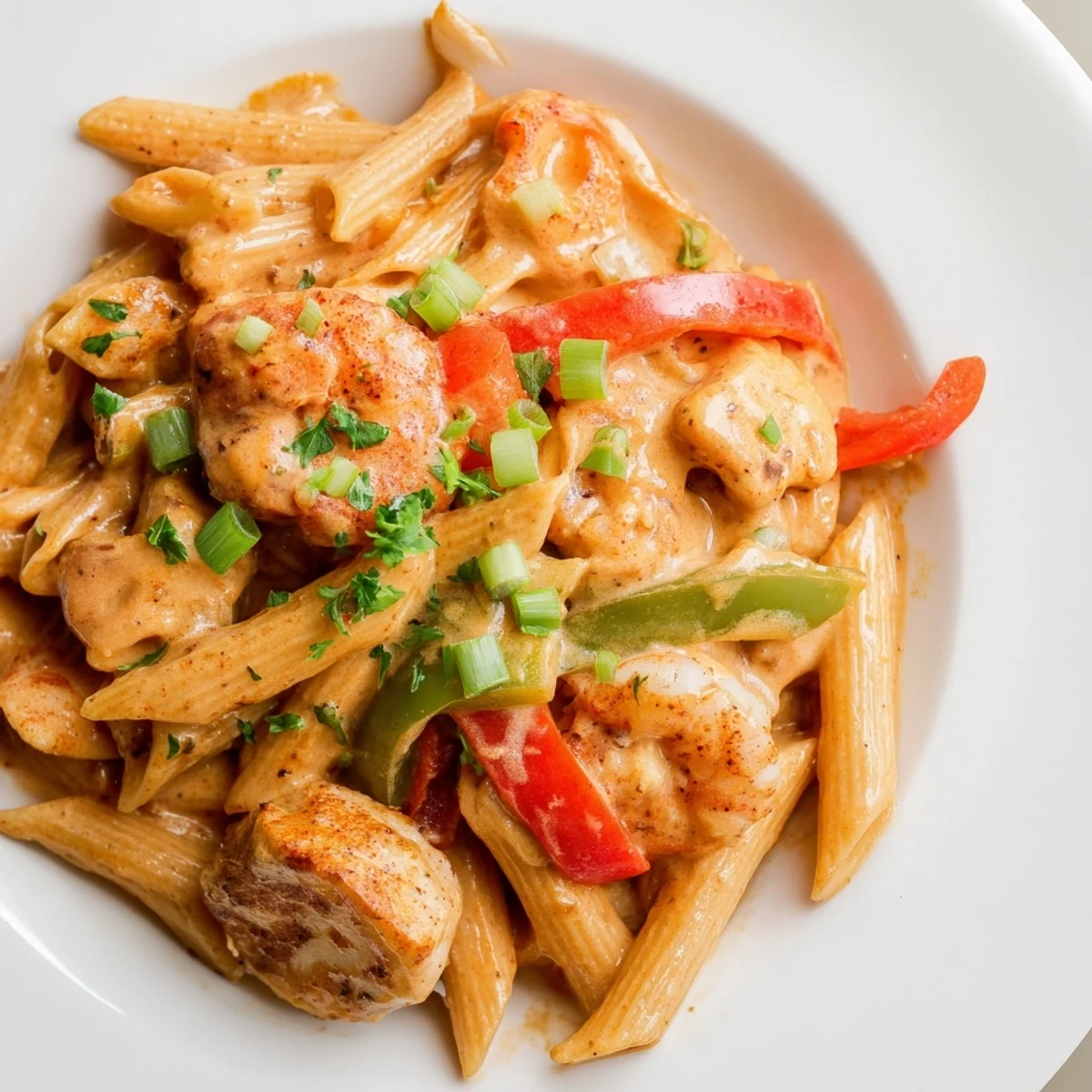 Sizzling skillet of Spicy Jambalaya Pasta with Chicken and Shrimp served over fettuccine, garnished with sliced green onions for a Louisiana-inspired meal.