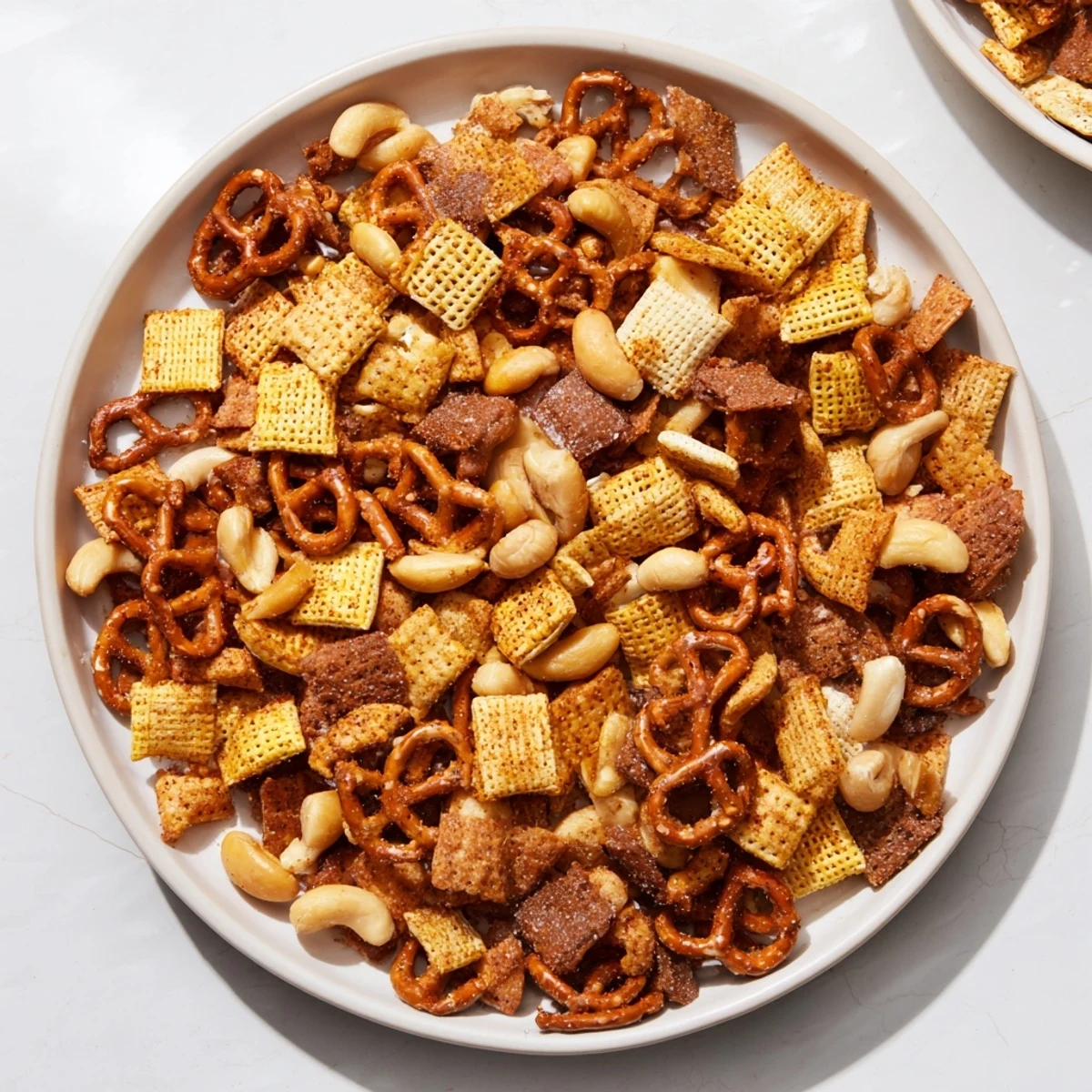 Golden-brown Super Bowl Snack Mix with nuts and pretzels, seasoned and ready for game day sharing.