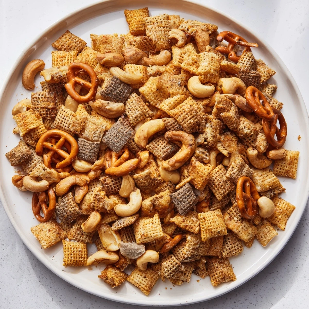 Freshly baked Super Bowl Snack Mix, served warm with pretzels and roasted nuts on a platter.
