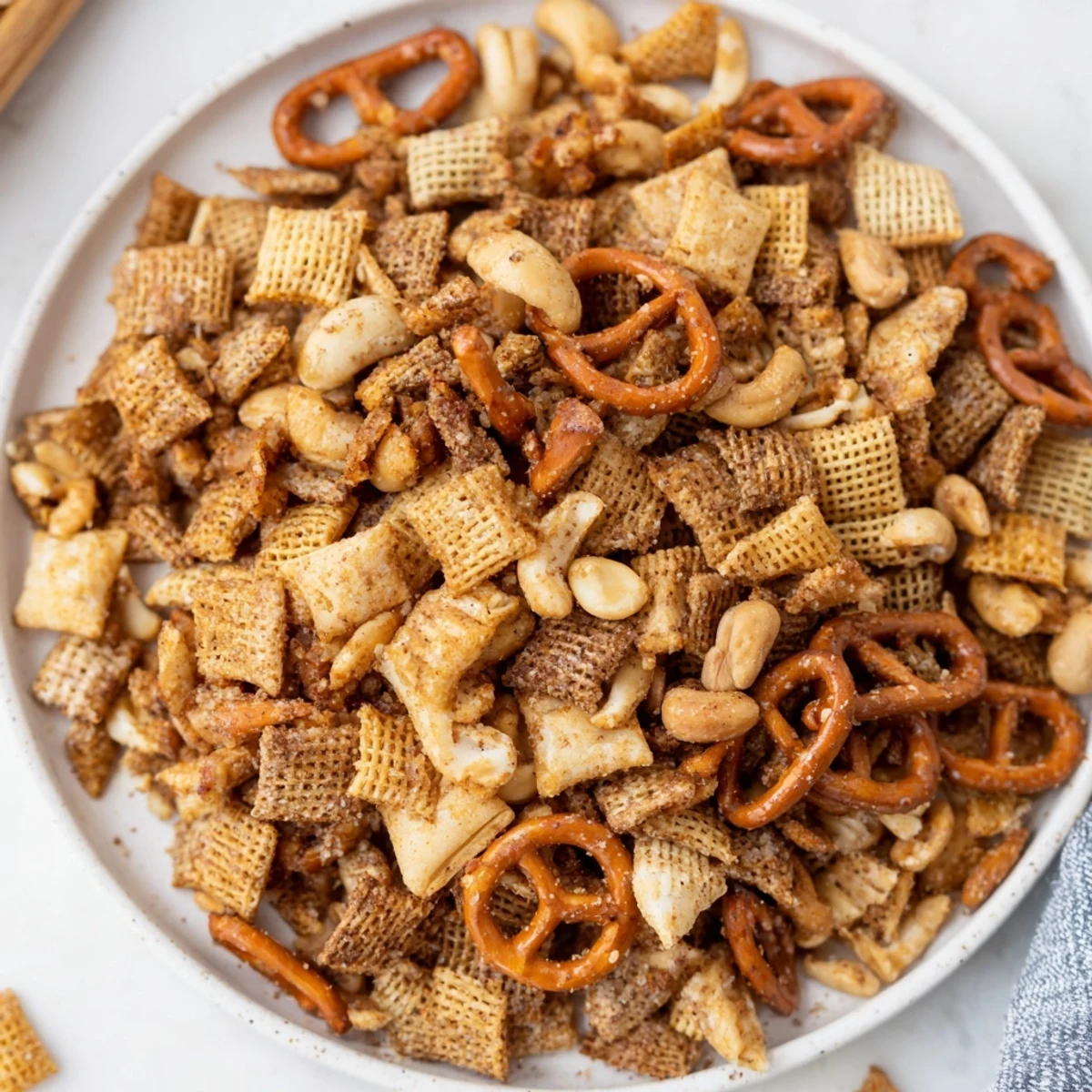 A generous bowl of Super Bowl Snack Mix with crunchy pretzels, nuts, and savory spices.