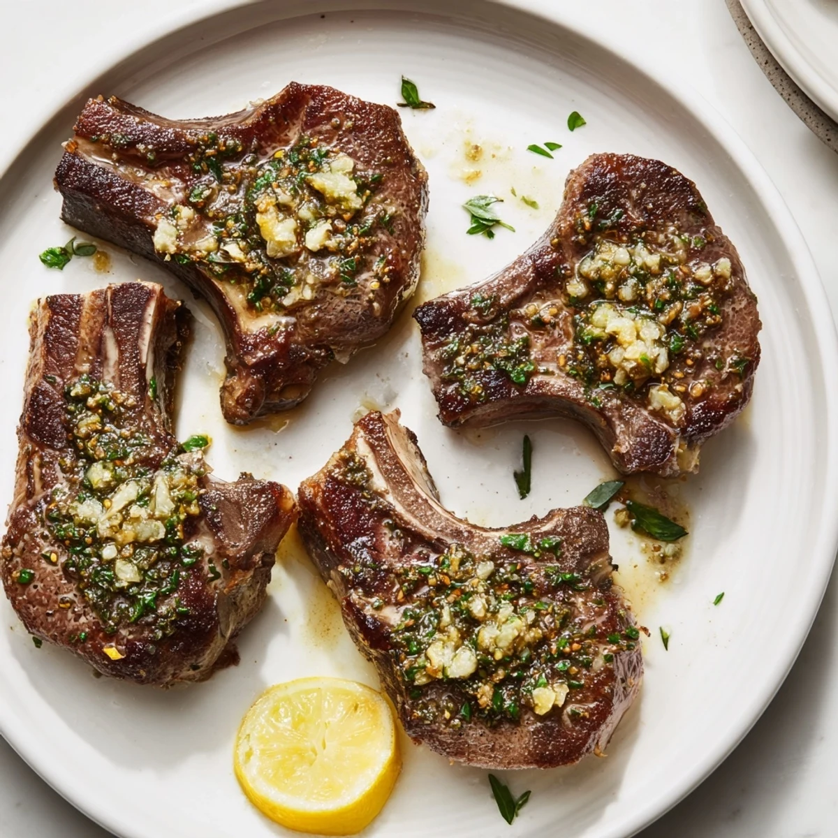 Air Fryer Lamb Chops with Garlic Butter garnished with fresh parsley and lemon wedges on a rustic plate.  