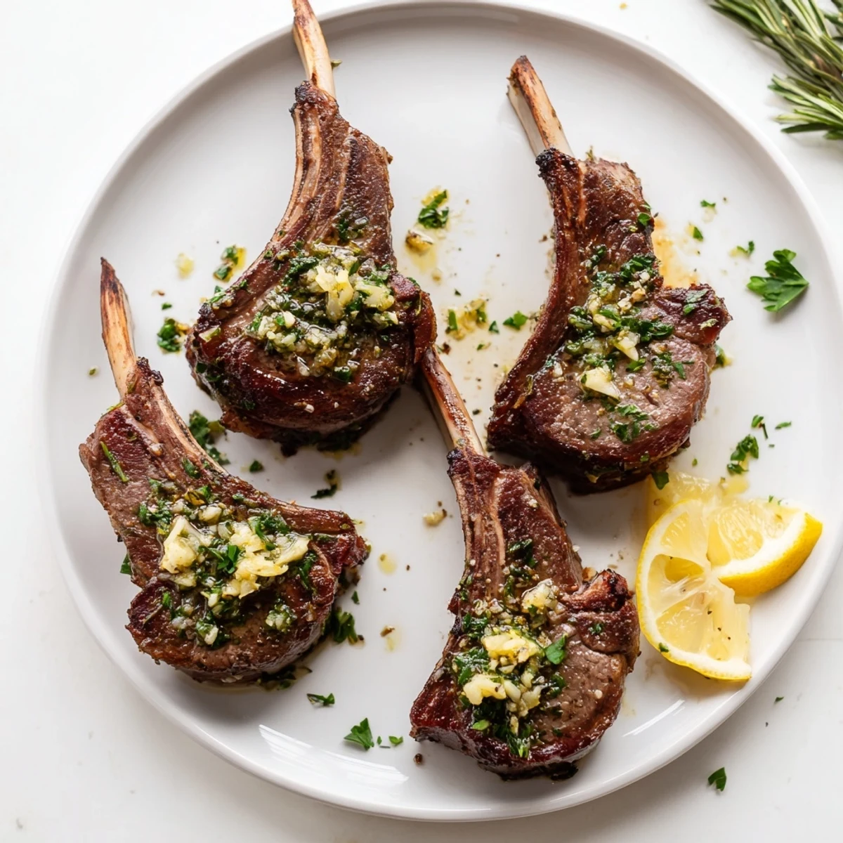 Juicy Air Fryer Lamb Chops with Garlic Butter sizzling in the air fryer basket next to herbs.  