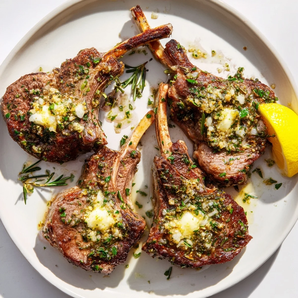 Tender Air Fryer Lamb Chops with Garlic Butter served over roasted vegetables for a Mediterranean dinner.