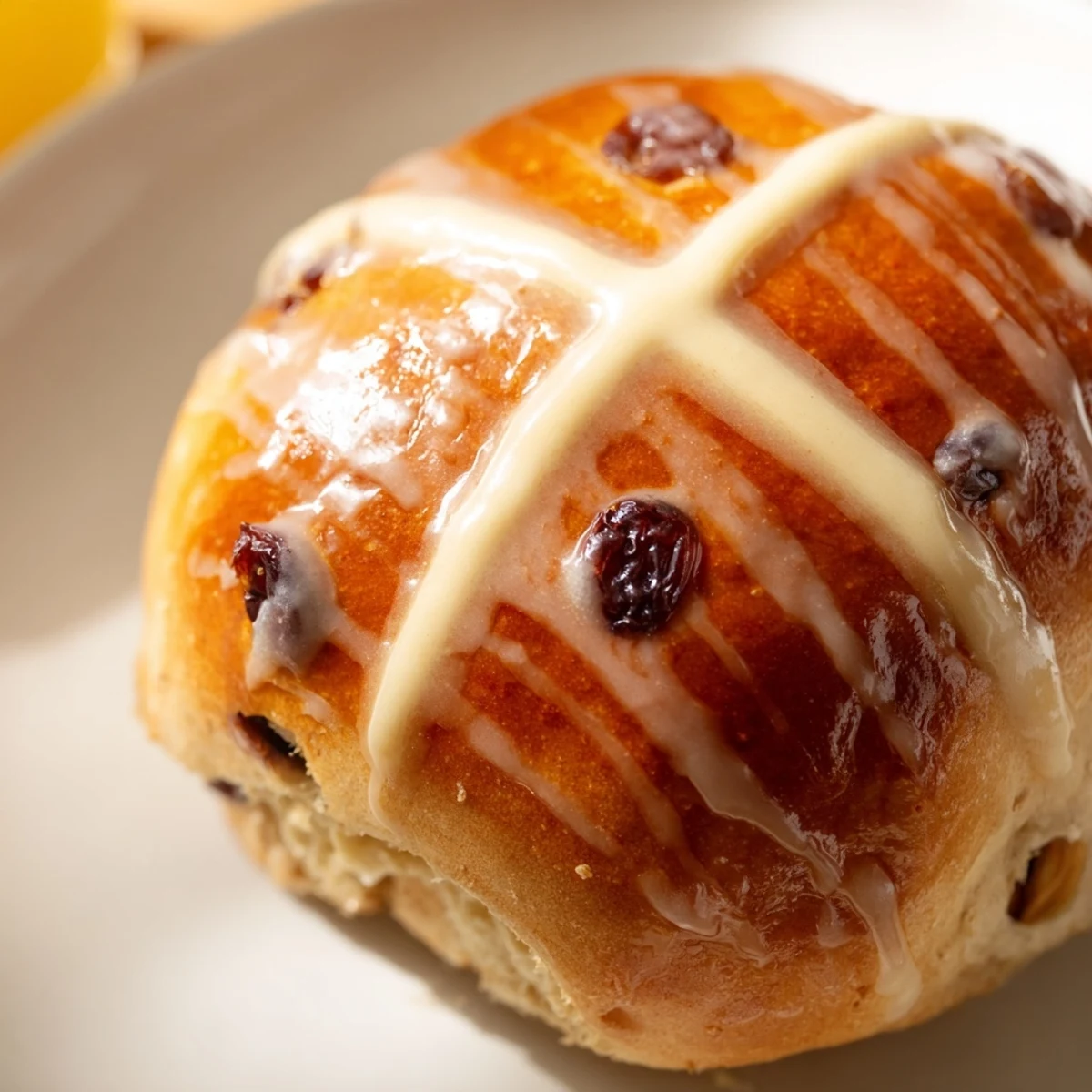 A close-up of one golden-brown bun, showing the soft crumb and piped cross topping.  