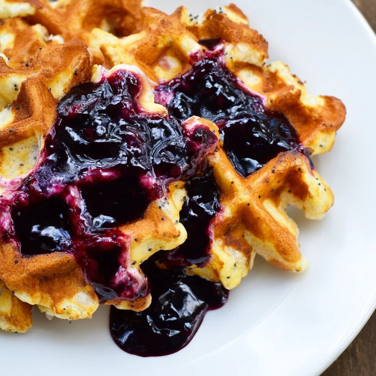 Homemade Lemon Poppy Seed Waffles with warm blueberry syrup, topped with fresh berries for breakfast.