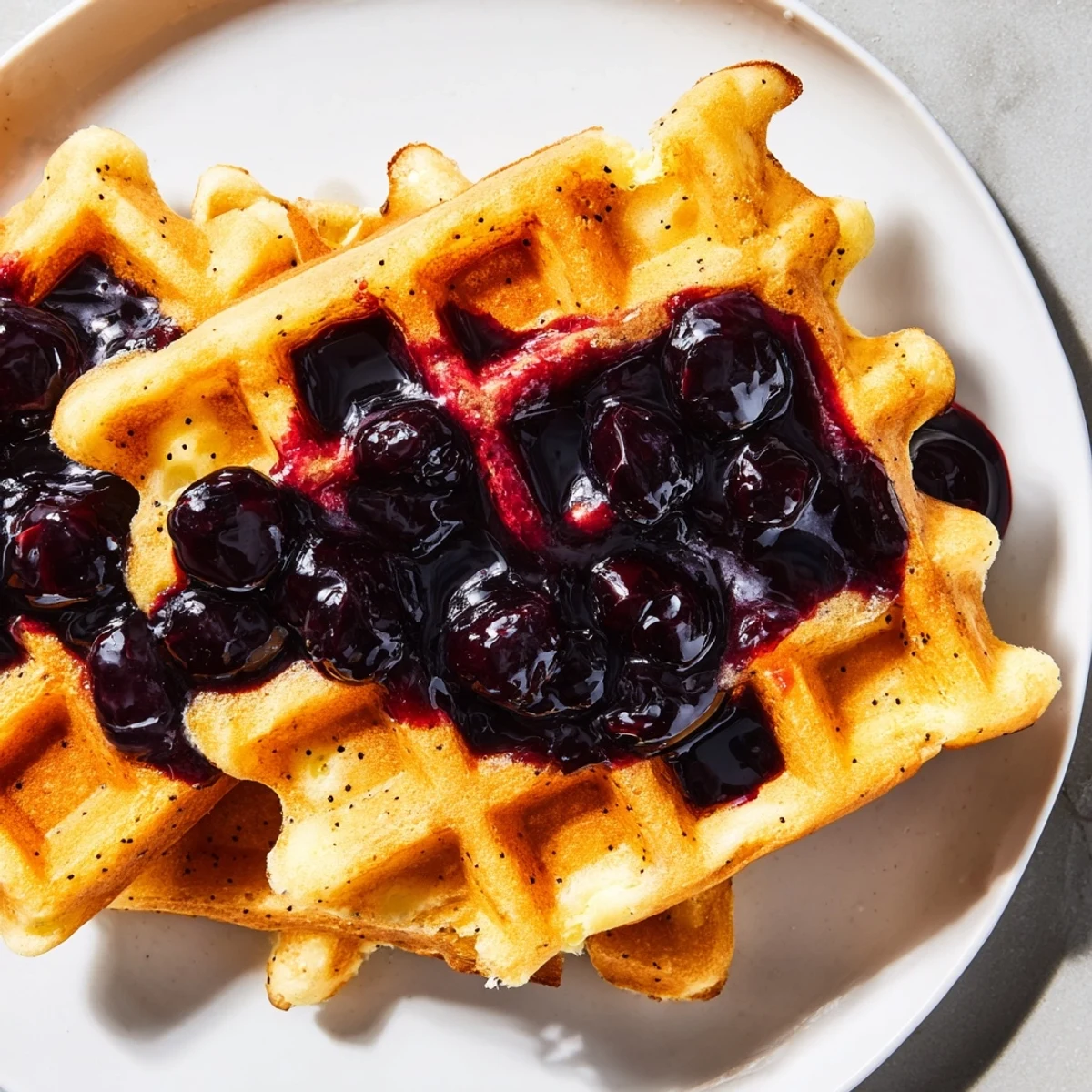 Crispy golden Lemon Poppy Seed Waffles drizzled with vibrant blueberry syrup, served fresh on a plate.