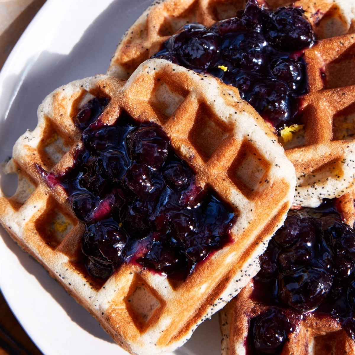 Fluffy Lemon Poppy Seed Waffles topped with blueberry syrup and powdered sugar for a sweet brunch.