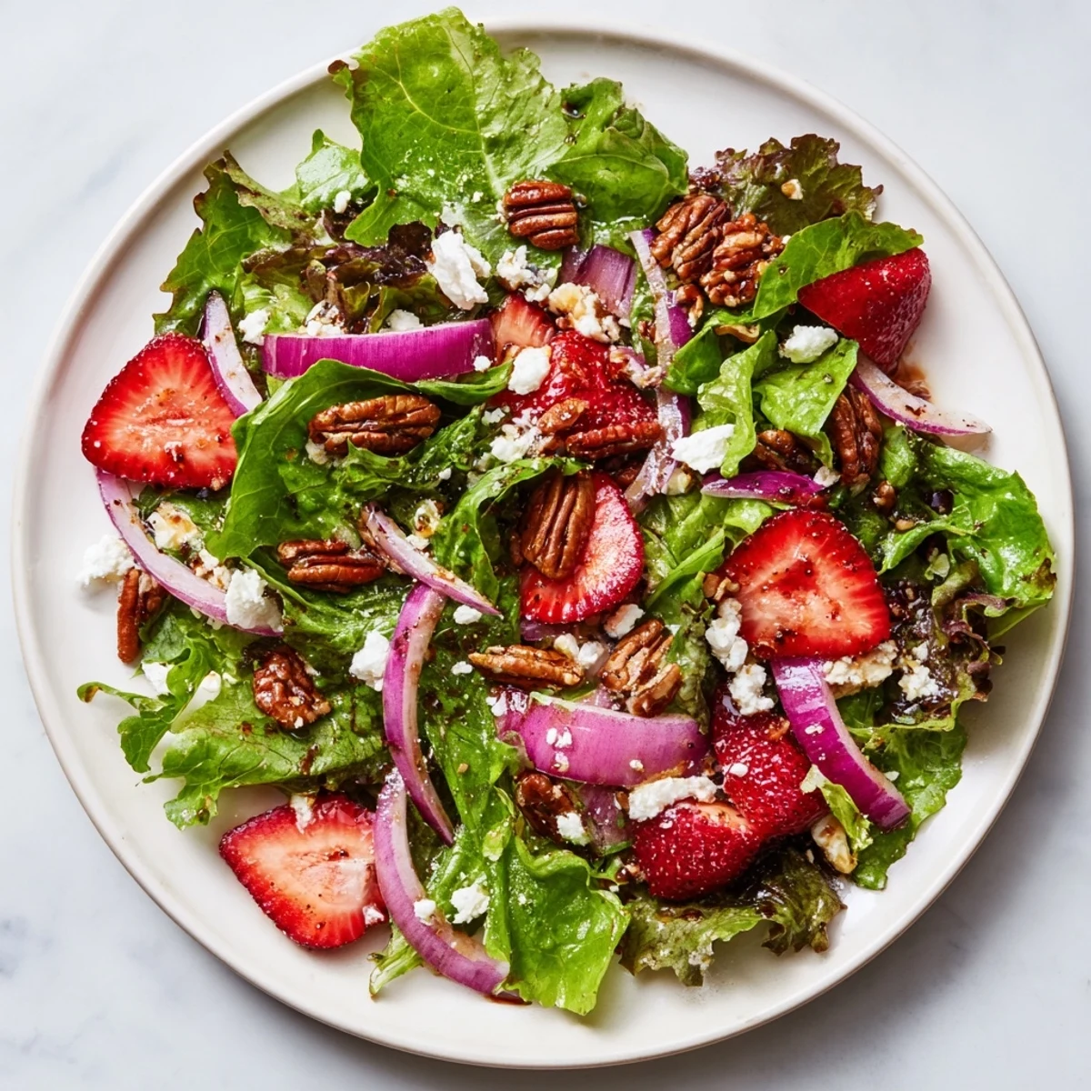Close-up view of Spring Mix Salad with Strawberries and Feta, showing juicy berries, creamy feta crumbles, and fresh greens on a white plate.