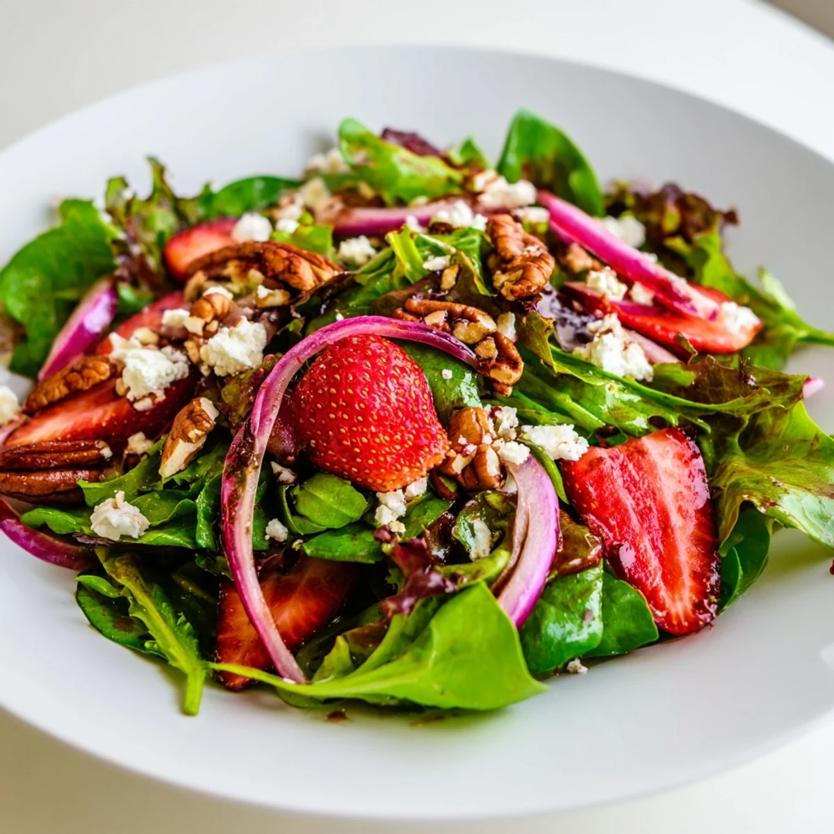 Fresh Spring Mix Salad with Strawberries and Feta served with cucumber slices, perfect for a light lunch or elegant summer starter.