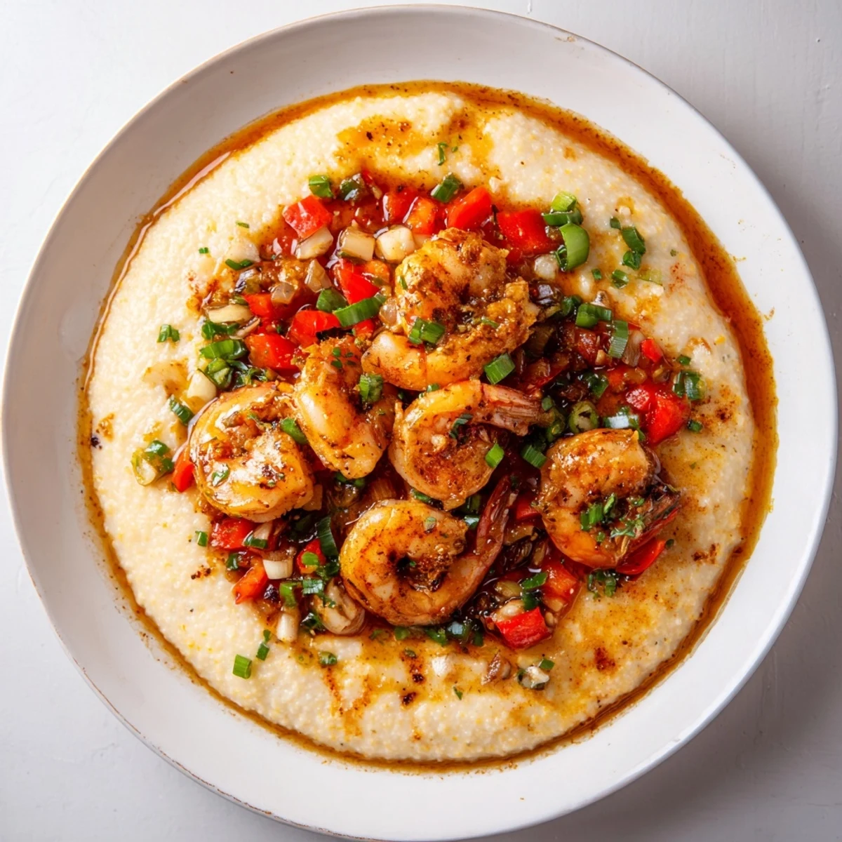 Creamy cheddar grits topped with spicy Cajun shrimp, garnished with fresh parsley and sliced green onions.  