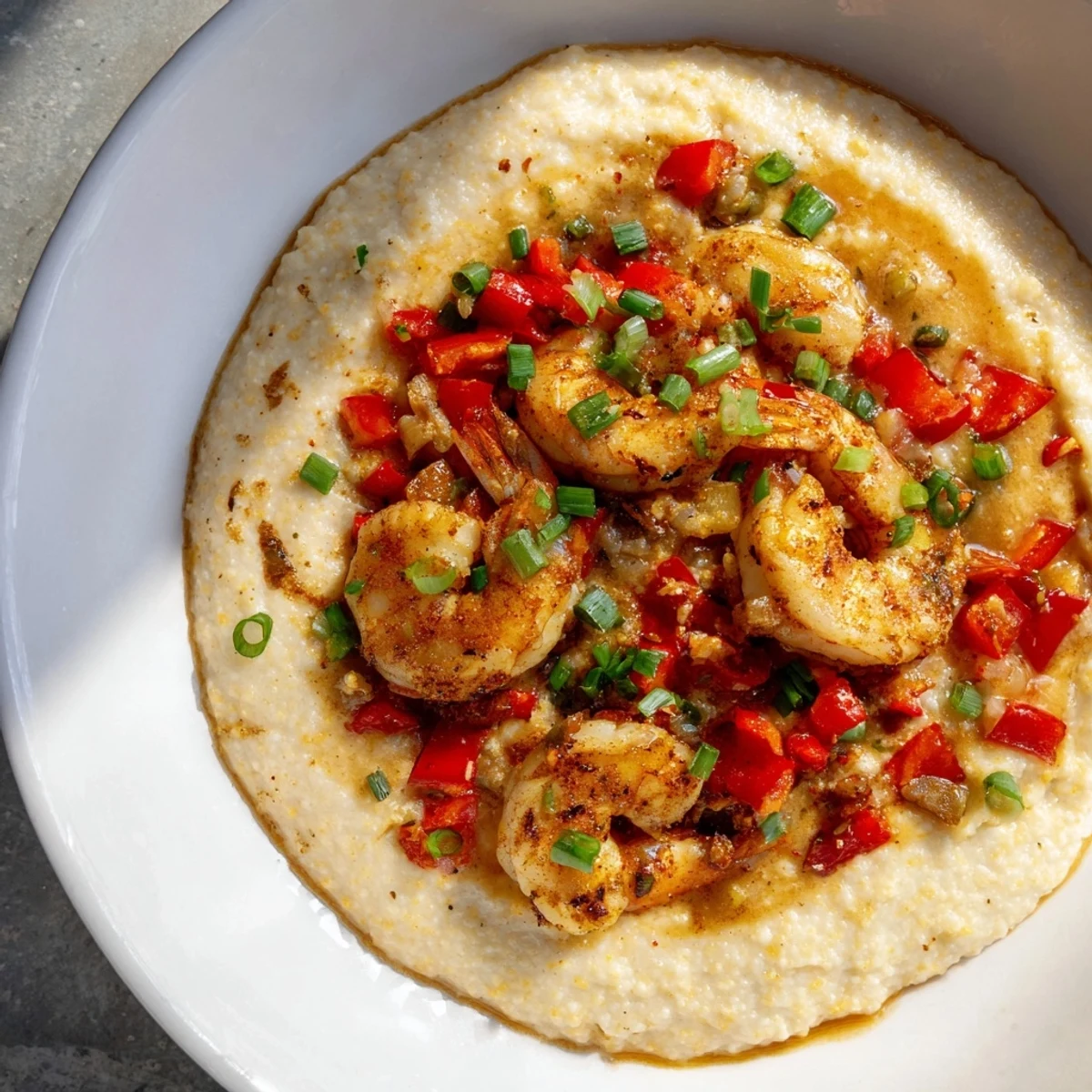 A hearty bowl of Cajun Shrimp and Grits, featuring sautéed shrimp in a savory pan sauce over cheesy grits.  
