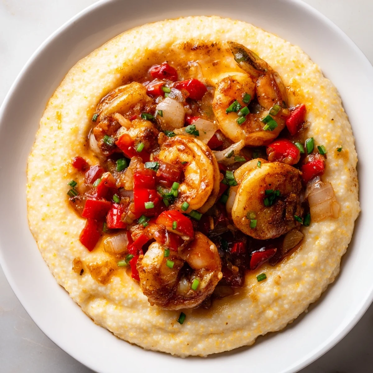 Southern comfort food: golden, bubbling cheddar grits crowned with bold Cajun-spiced shrimp and bright lemon notes.