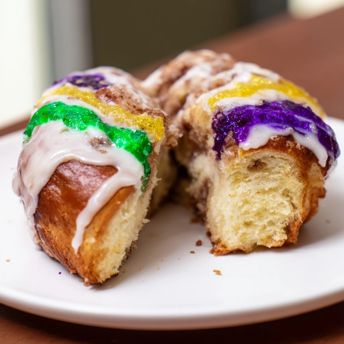 Freshly baked Mardi Gras King Cake on a wooden board, its golden brioche ring dusted with colorful sugars and sweet icing.  