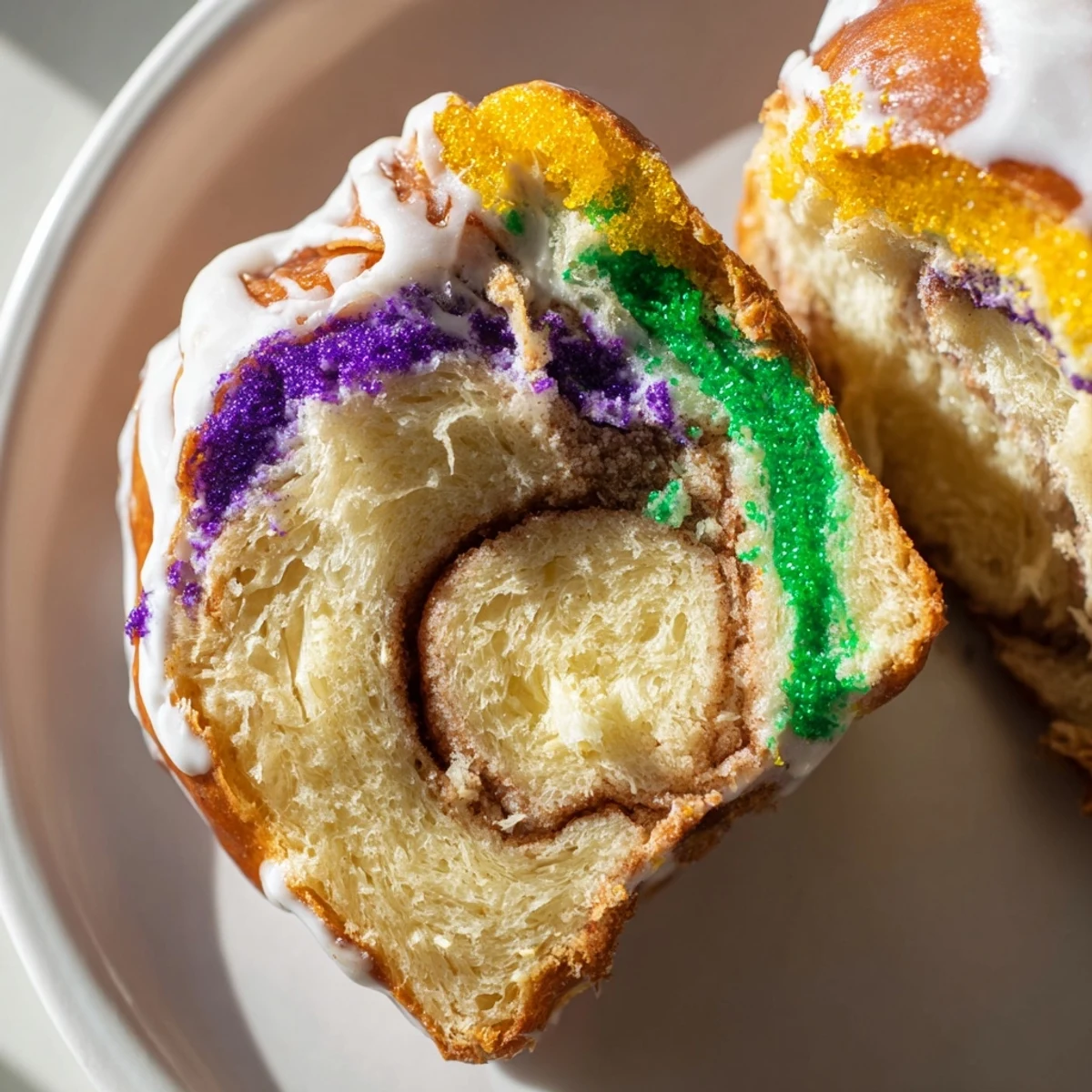 Sliced Mardi Gras King Cake reveals a warm cinnamon sugar filling, with purple, green, and gold sprinkles on a festive plate.