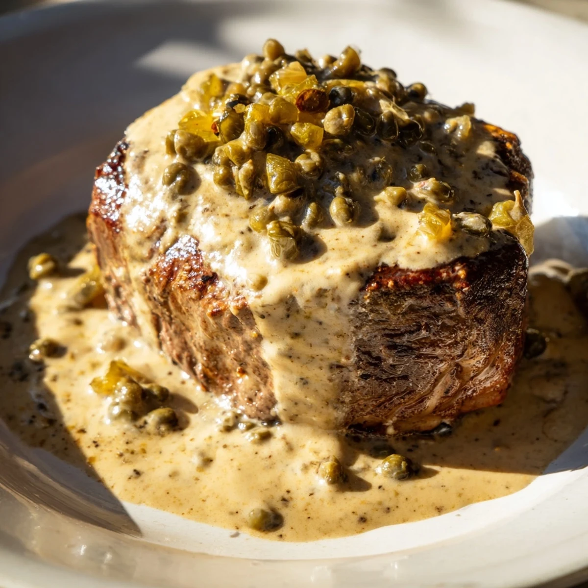 Perfectly seared beef tenderloin with peppercorn cream sauce, served on a white plate with fresh herbs.
