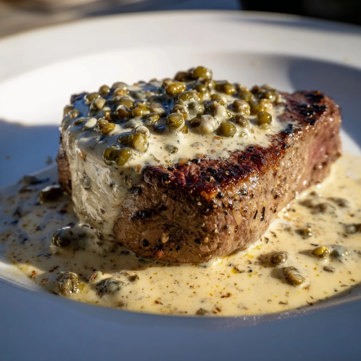 Beef tenderloin with peppercorn cream sauce, sliced to reveal a juicy pink center next to asparagus.