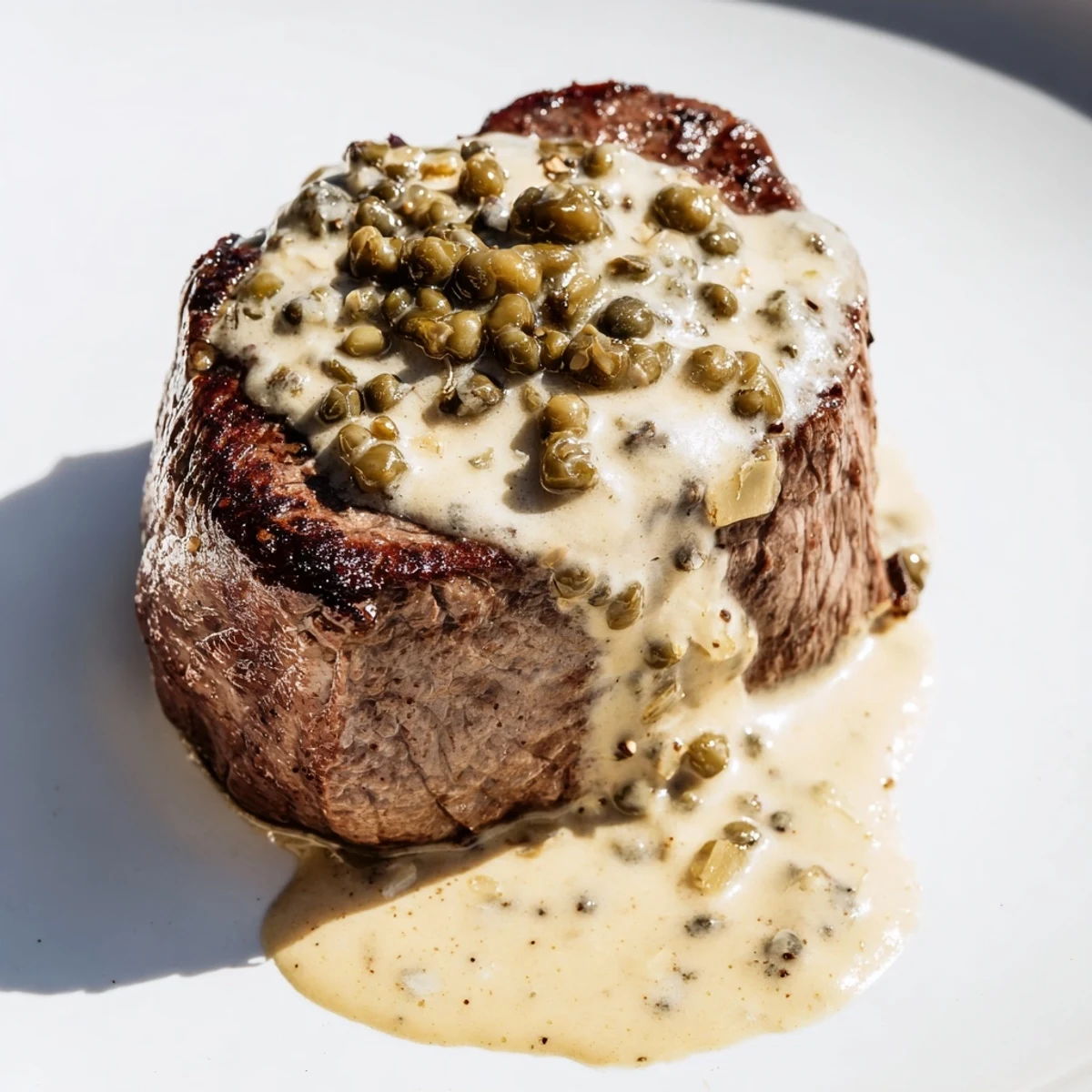 Rich beef tenderloin with peppercorn cream sauce drizzled over, paired with roasted potatoes for a cozy dinner.