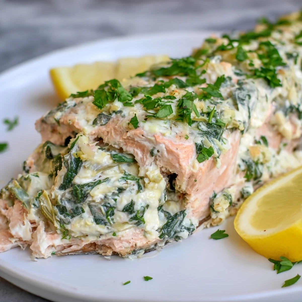 Golden-baked Creamy Spinach and Artichoke Stuffed Salmon fillets resting on a white plate, garnished with fresh parsley and lemon wedges for a vibrant dinner presentation.  