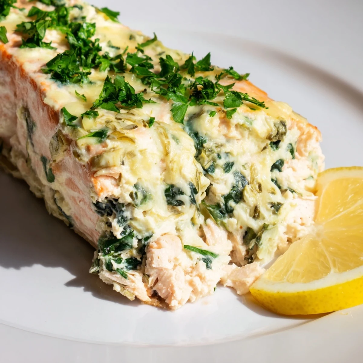Close-up view of Creamy Spinach and Artichoke Stuffed Salmon, revealing the rich, melted spinach and artichoke filling inside the flaky, tender salmon.  