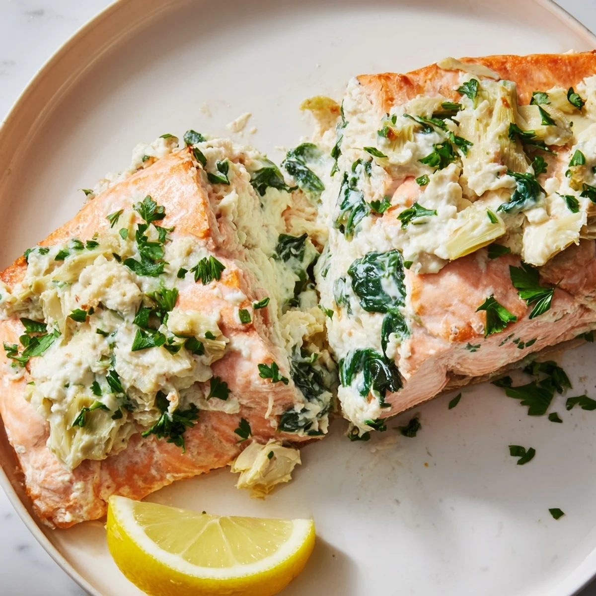 Plated Creamy Spinach and Artichoke Stuffed Salmon served alongside roasted asparagus and baby potatoes, perfect for a restaurant-style low-carb meal at home.