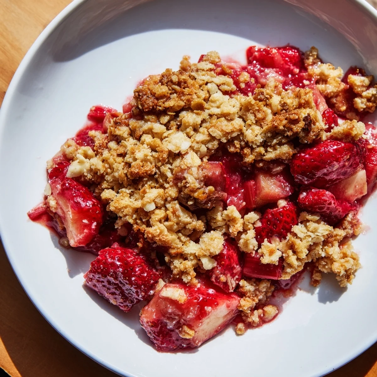 A close-up of golden oat crumble over bubbling strawberry rhubarb crisp served warm in a dish.