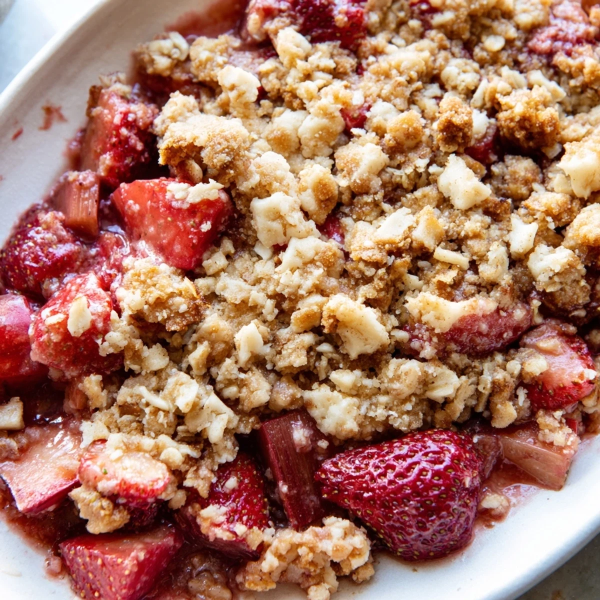 Fresh strawberry rhubarb crisp with oat crumble topped with vanilla ice cream melting over warm fruit.
