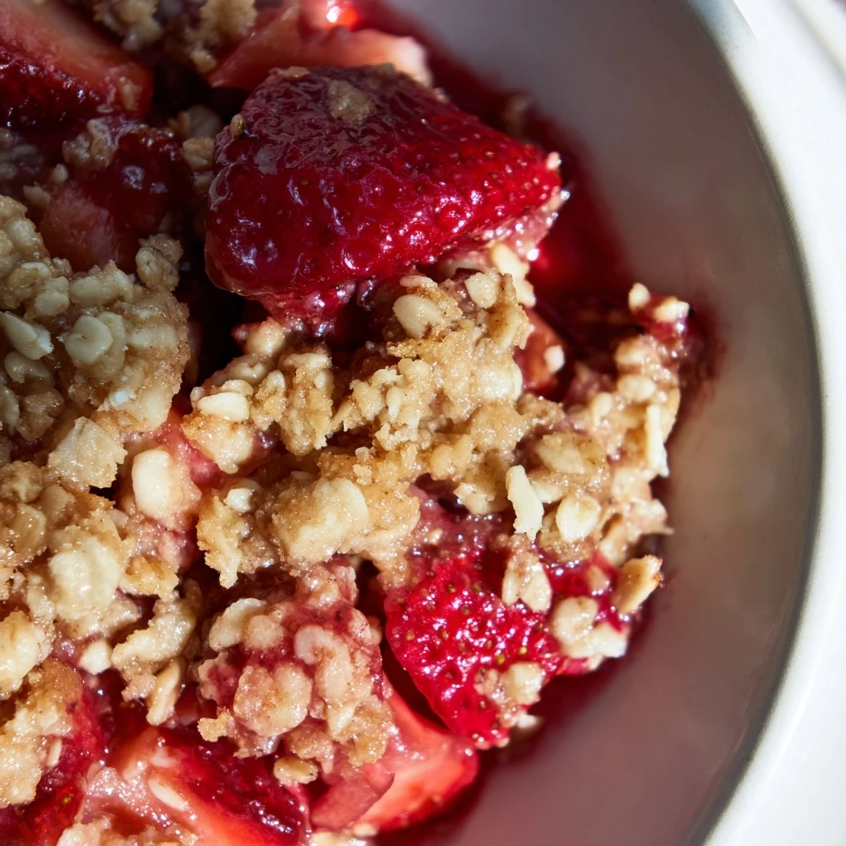 Rustic strawberry rhubarb crisp dessert in a baking dish with golden oat crumble and red fruit juices.