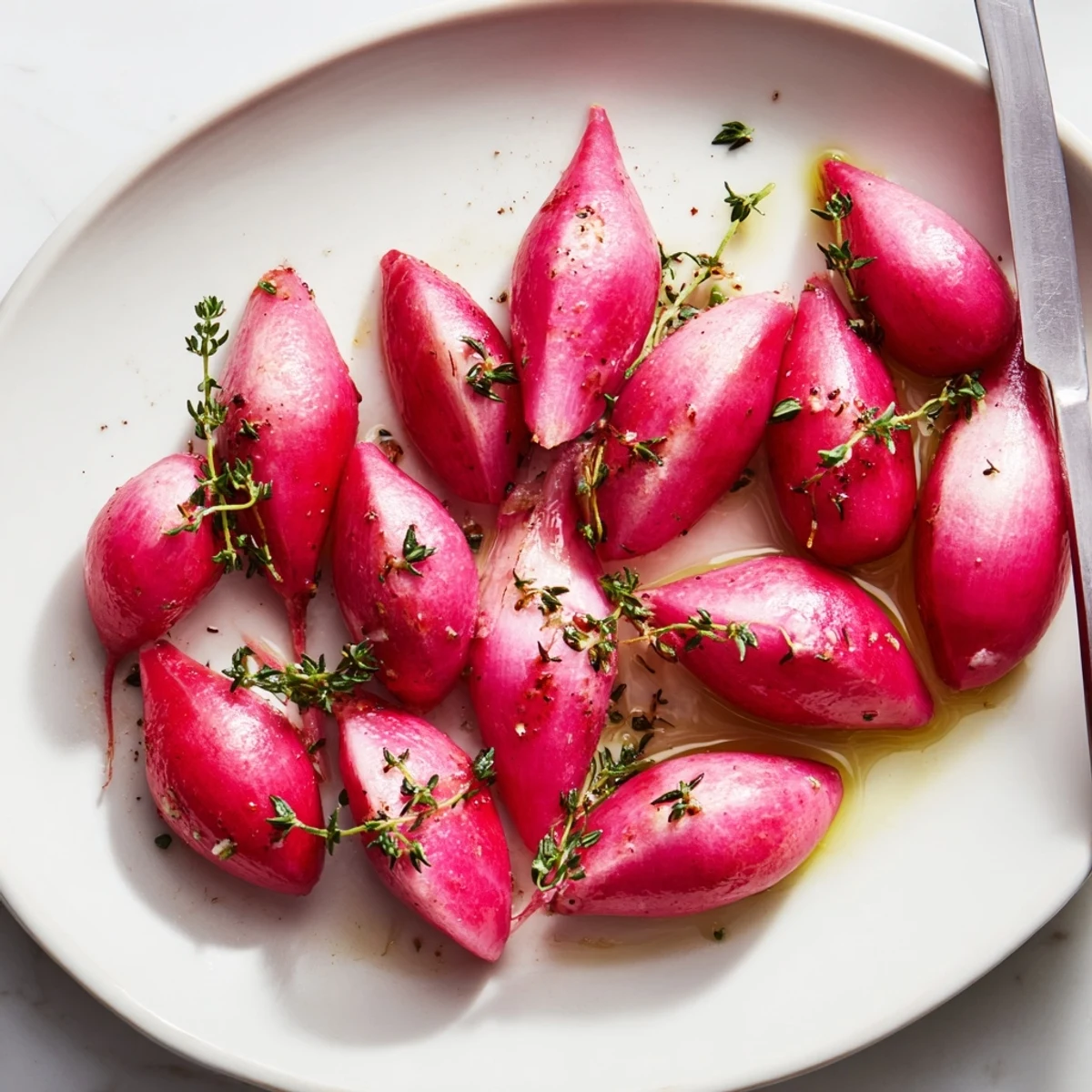 Golden roasted radishes with garlic and fresh thyme, caramelized edges glistening on a rustic serving plate.